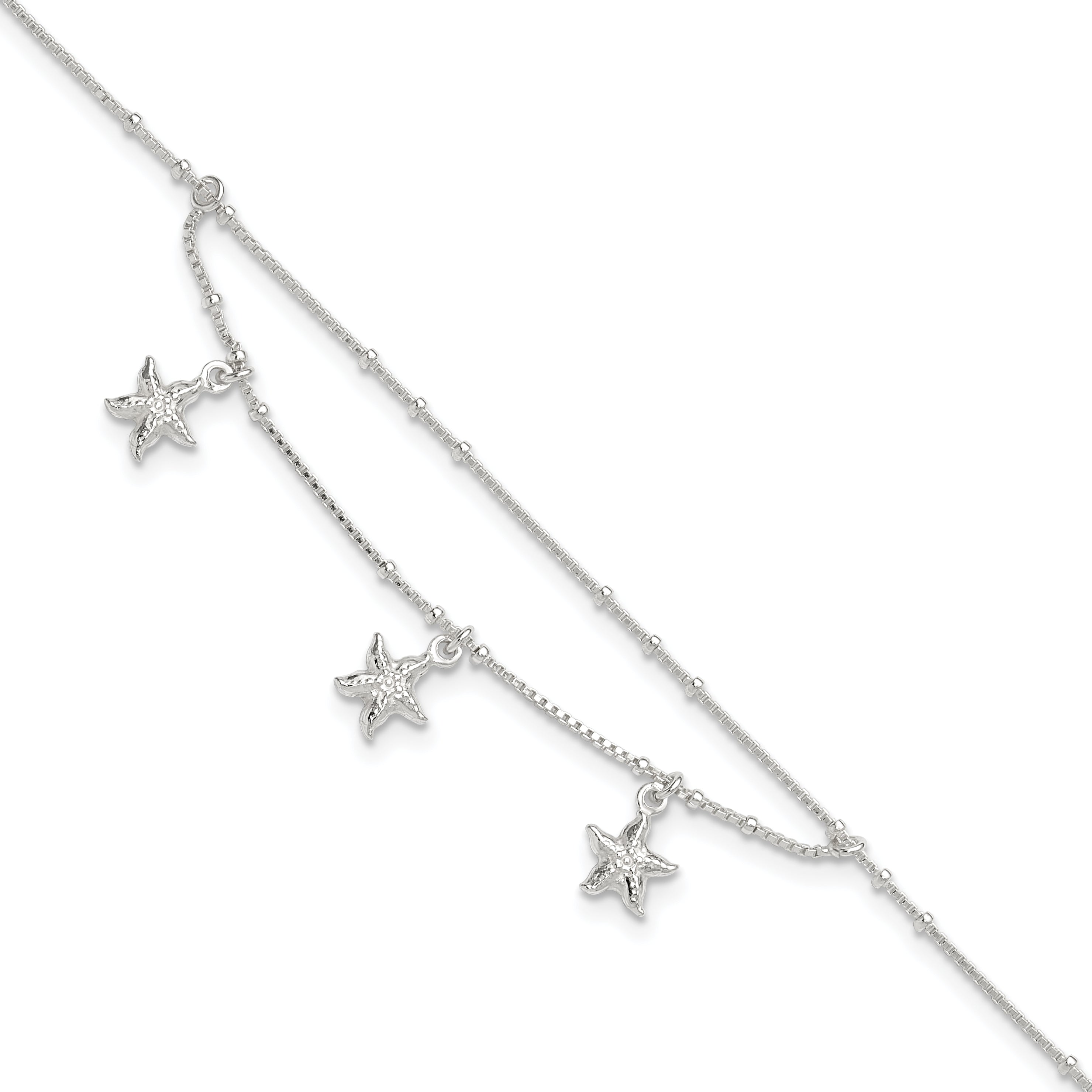 Sterling Silver 2-Strand Starfish 9 inch Plus 1 inch Extender - Total 10 inch Anklet