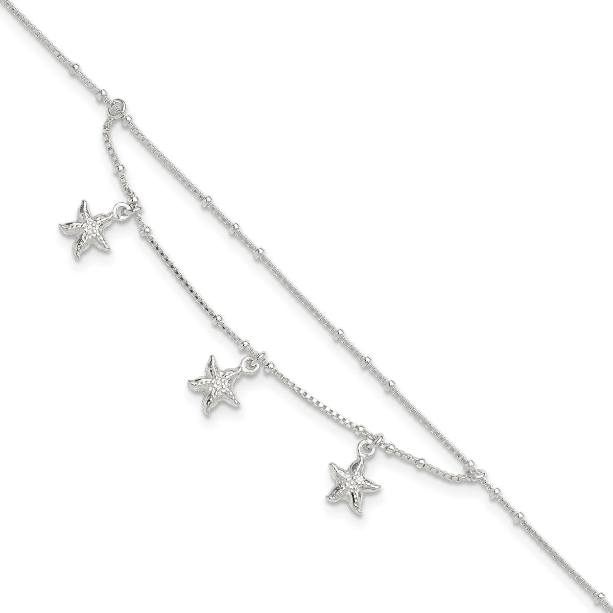 Sterling Silver 2-Strand Starfish 9 inch Plus 1 inch Extender - Total 10 inch Anklet