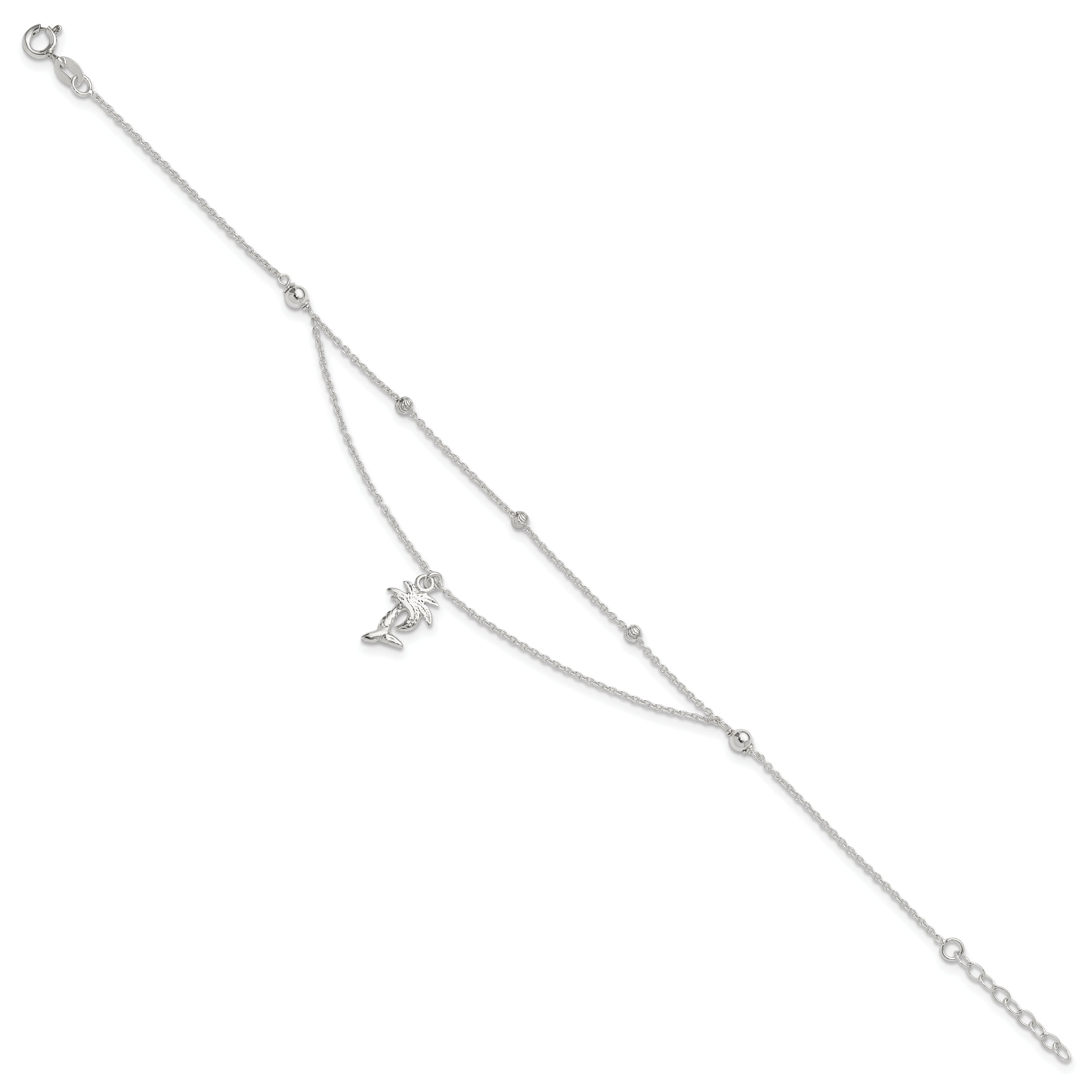 Sterling Silver Palm Tree 2-Strand 9 inch Plus 1 inch Extender - Total 10 inch Anklet