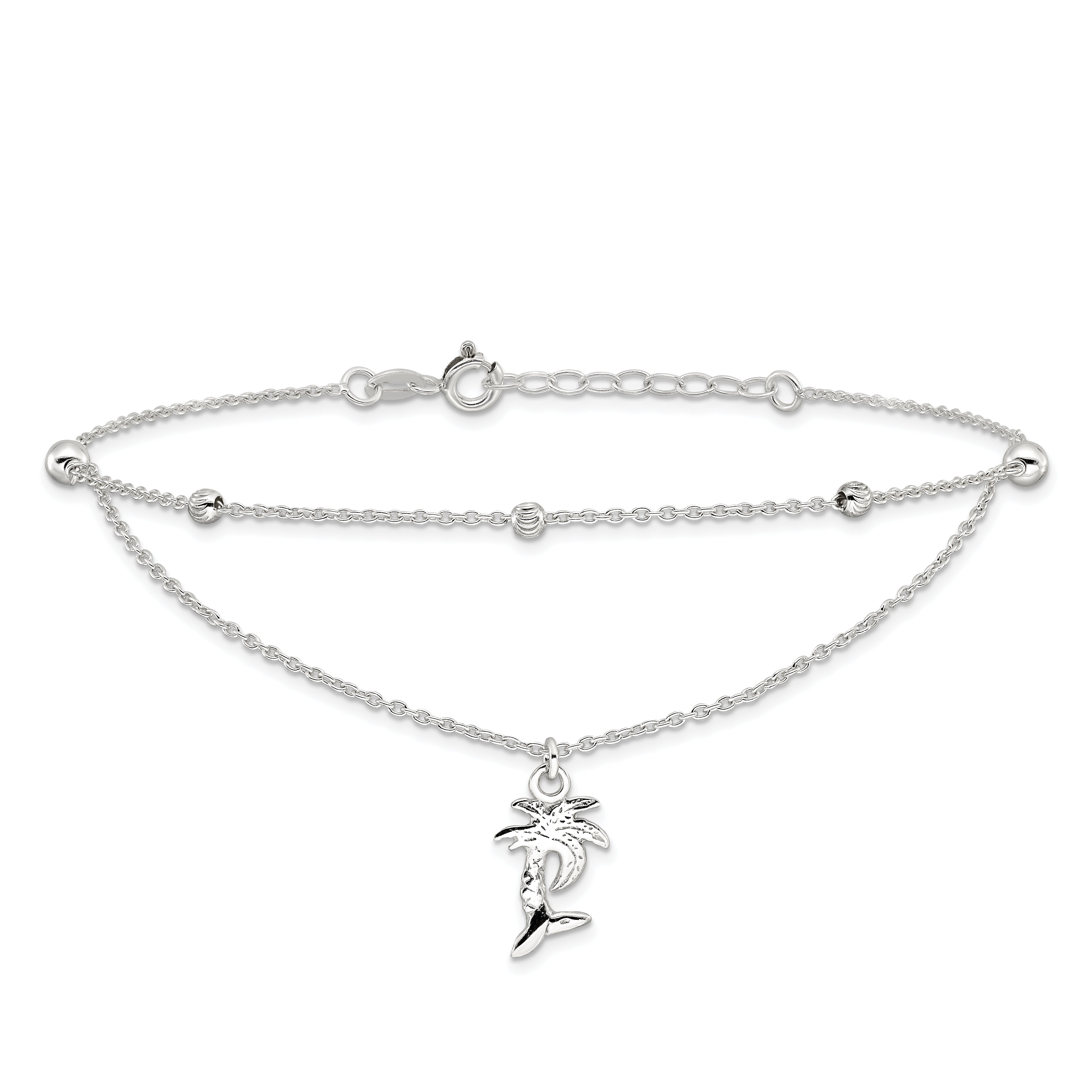 Sterling Silver Palm Tree 2-Strand 9 inch Plus 1 inch Extender - Total 10 inch Anklet