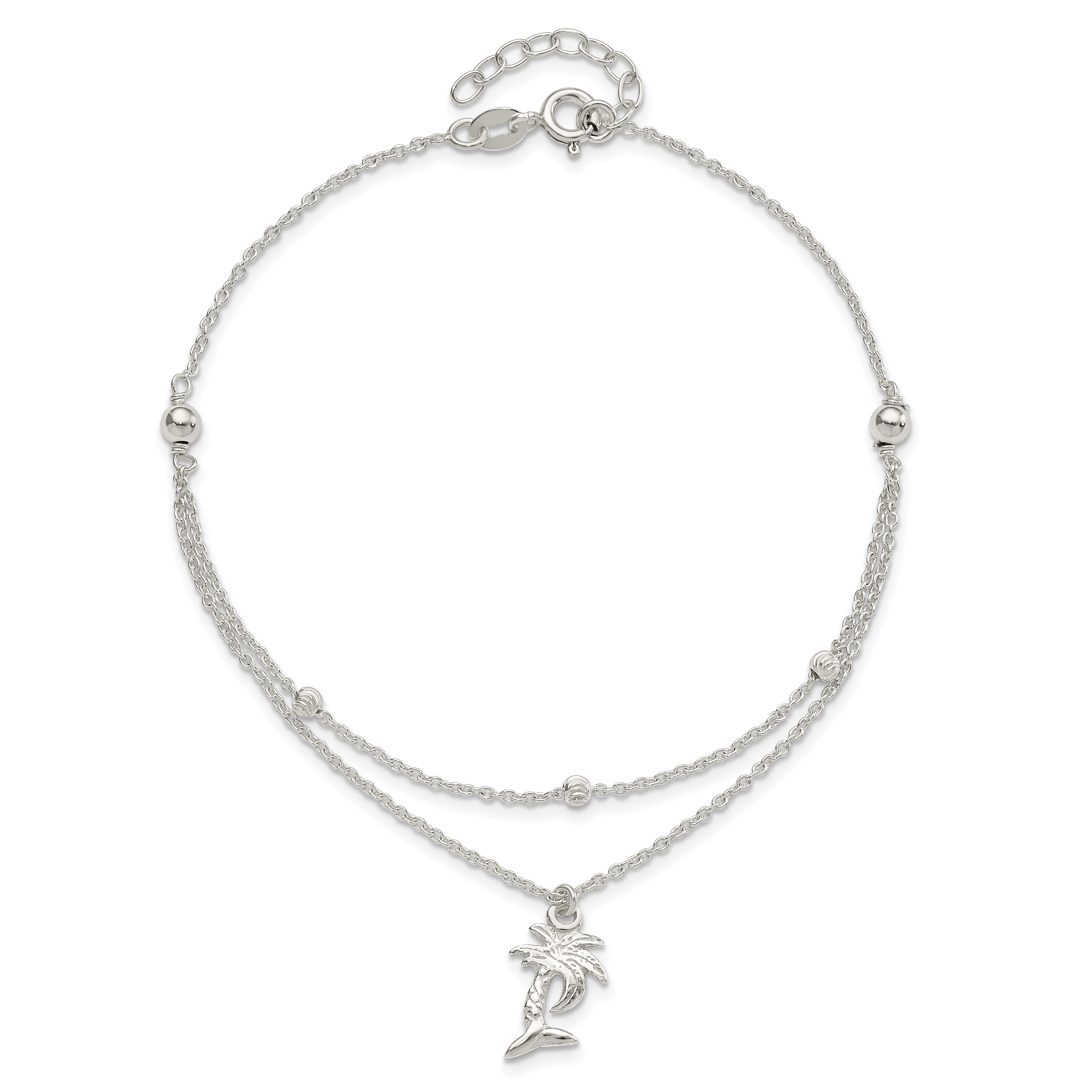 Sterling Silver Palm Tree 2-Strand 9 inch Plus 1 inch Extender - Total 10 inch Anklet