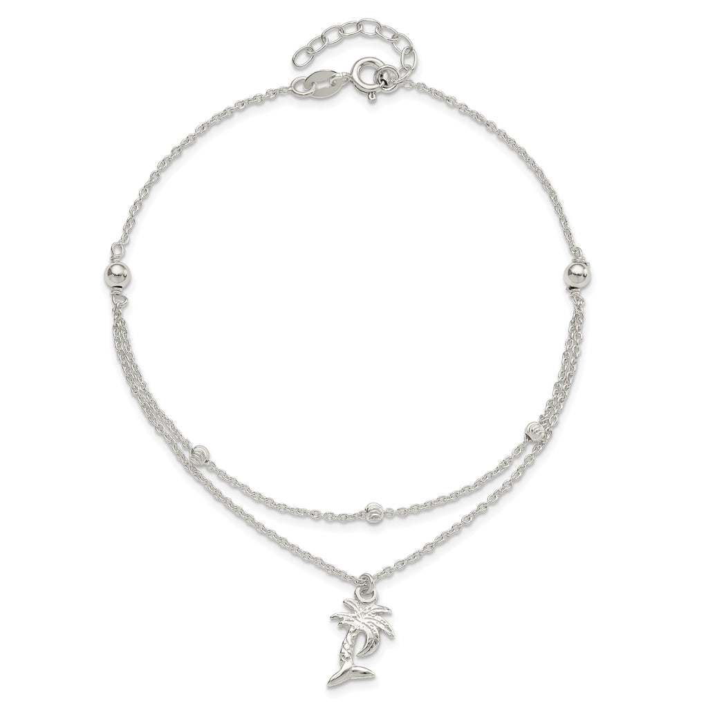 Sterling Silver Palm Tree 2-Strand 9 inch Plus 1 inch Extender - Total 10 inch Anklet