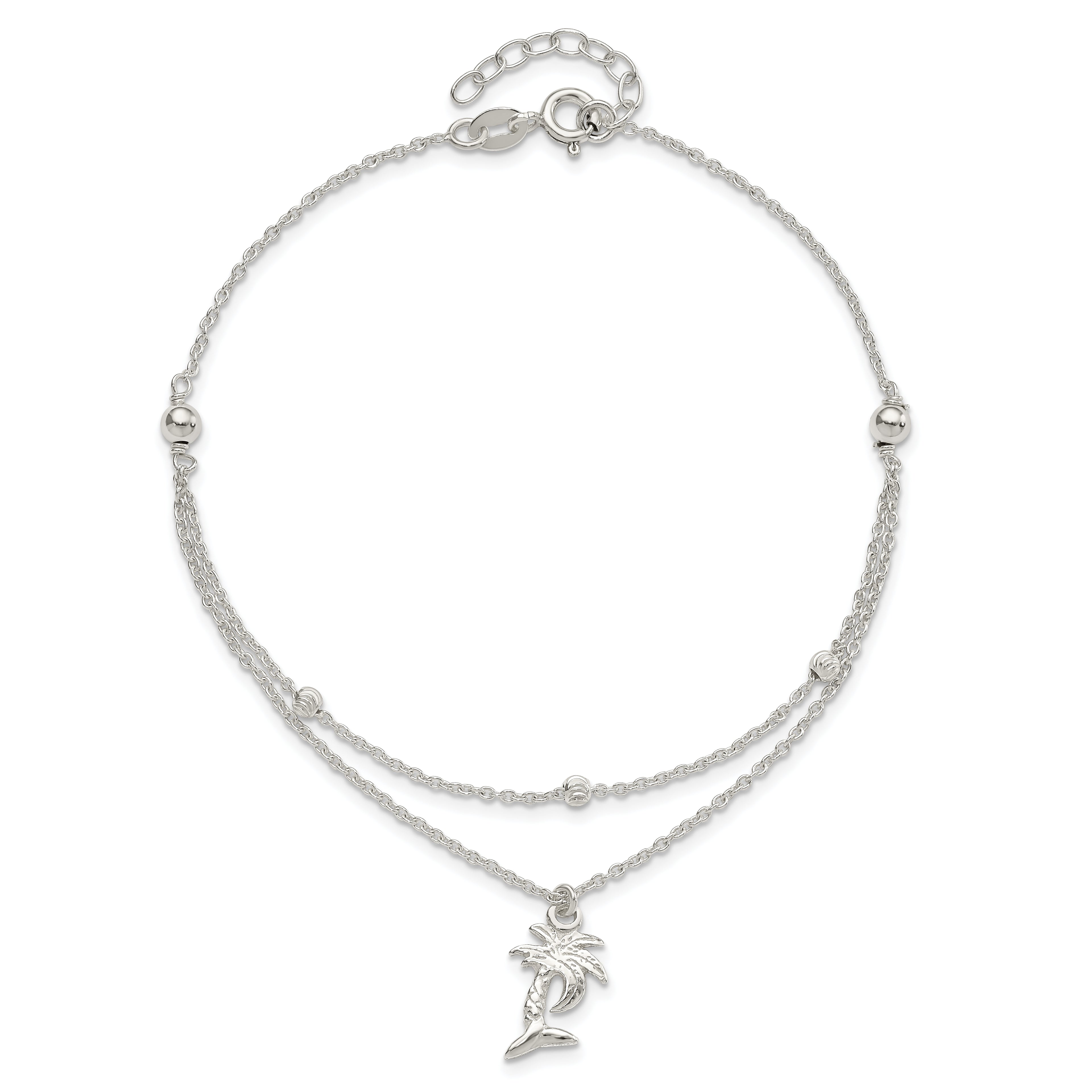 Sterling Silver Palm Tree 2-Strand 9 inch Plus 1 inch Extender - Total 10 inch Anklet