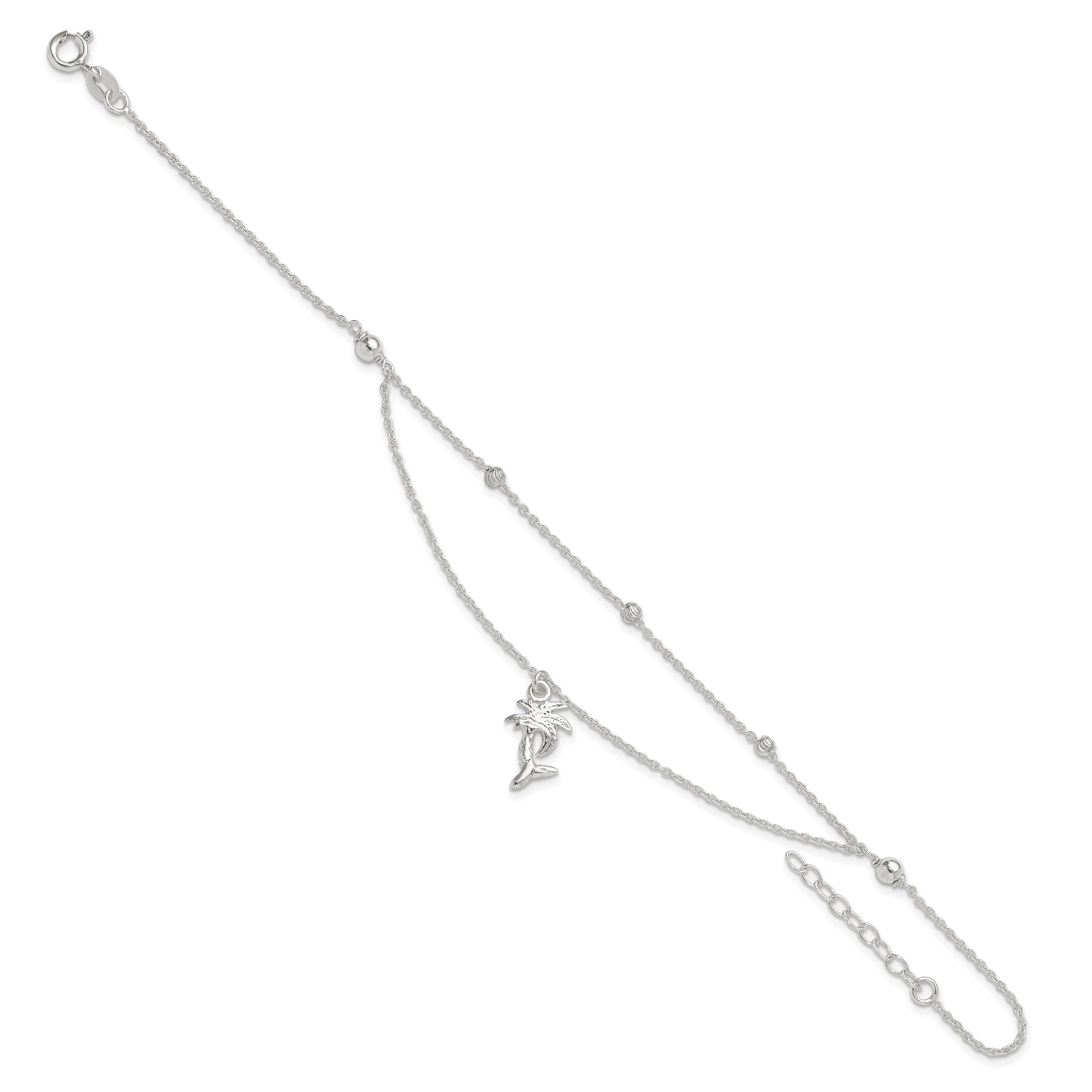 Sterling Silver Palm Tree 2-Strand 9 inch Plus 1 inch Extender - Total 10 inch Anklet