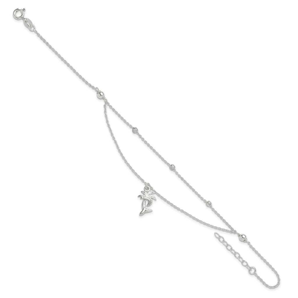 Sterling Silver Palm Tree 2-Strand 9 inch Plus 1 inch Extender - Total 10 inch Anklet