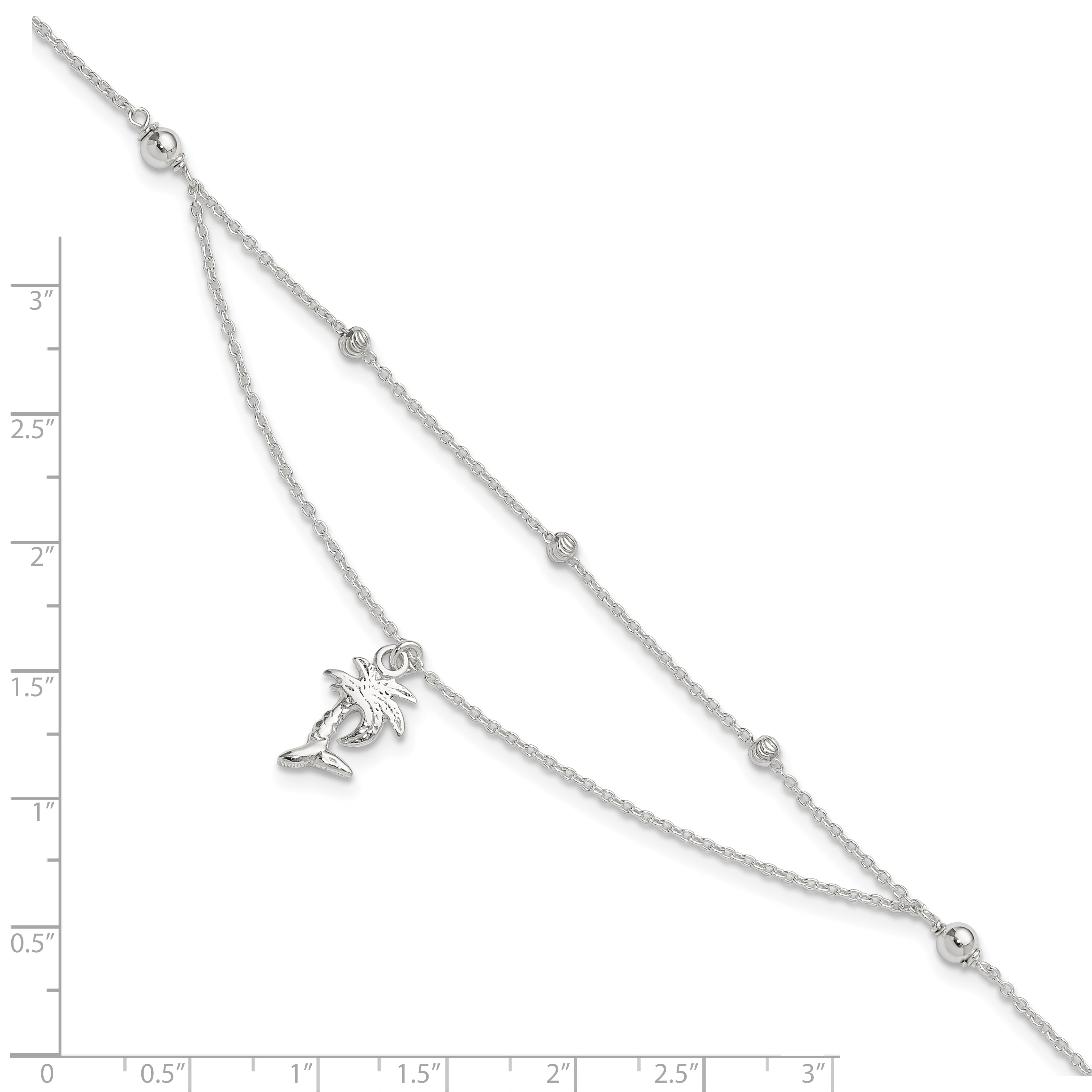 Sterling Silver Palm Tree 2-Strand 9 inch Plus 1 inch Extender - Total 10 inch Anklet