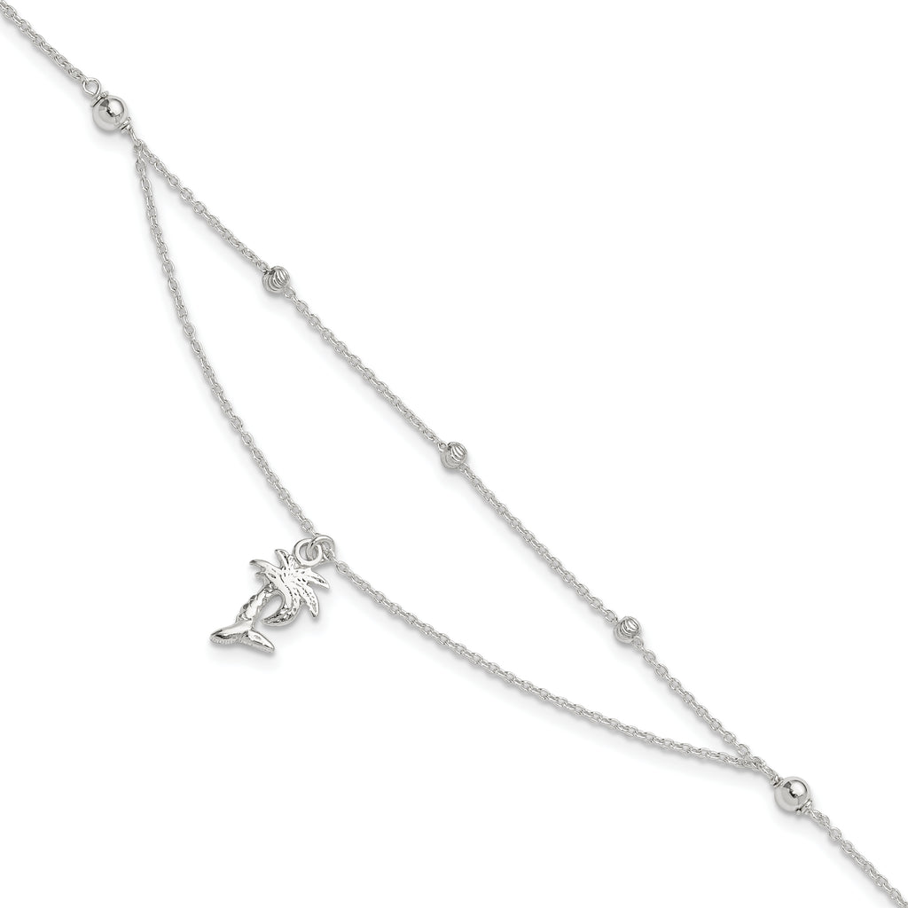 Sterling Silver Palm Tree 2-Strand 9 inch Plus 1 inch Extender - Total 10 inch Anklet