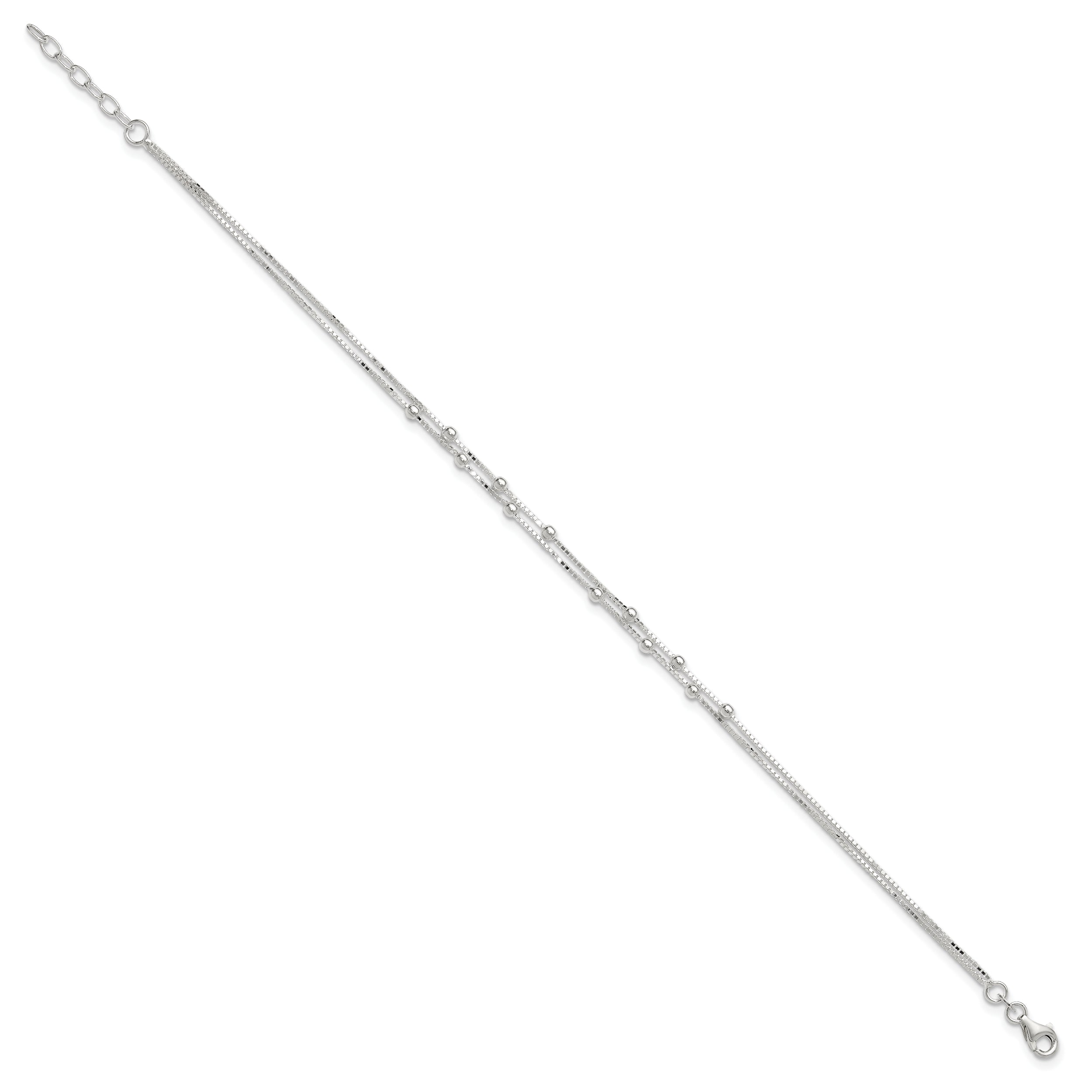 Sterling Silver Beaded 2-strand 10 inch Plus 1 inch Extender - Total 11 inch Anklet