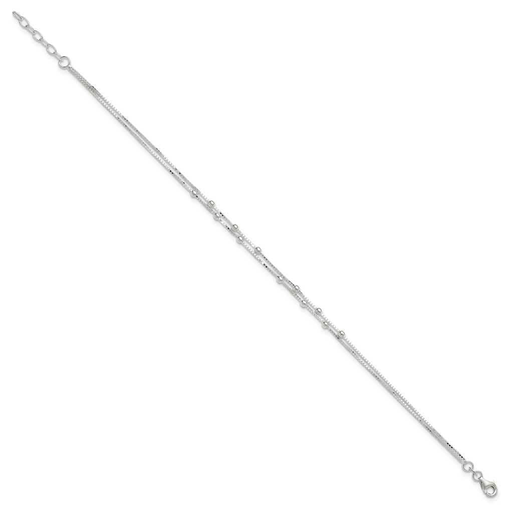Sterling Silver Beaded 2-strand 10 inch Plus 1 inch Extender - Total 11 inch Anklet