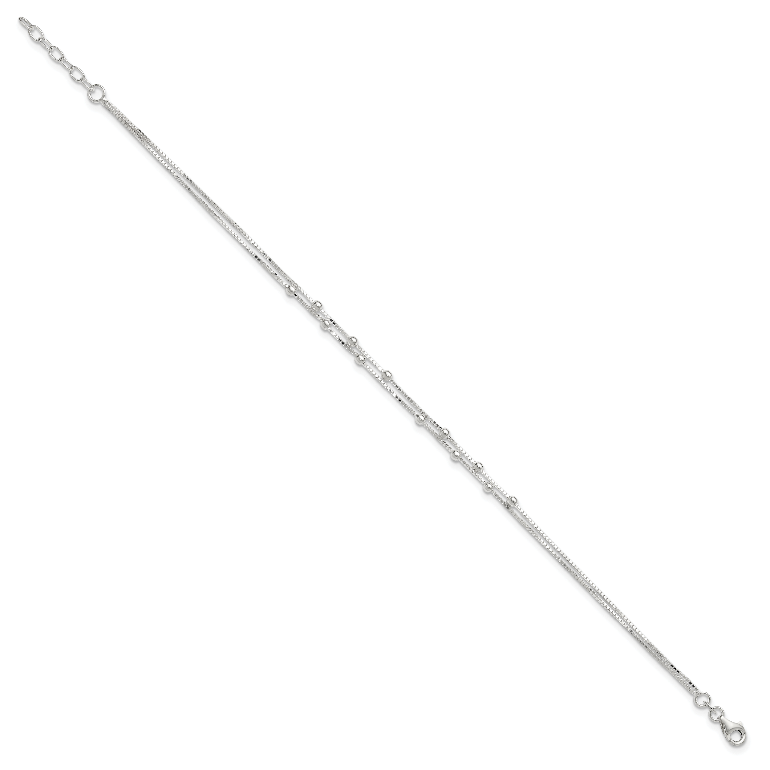 Sterling Silver Beaded 2-strand 10 inch Plus 1 inch Extender - Total 11 inch Anklet