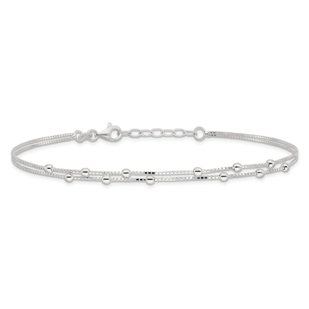 Sterling Silver Beaded 2-strand 9 inch Plus 1 inch Extender - Total 10 inch Anklet