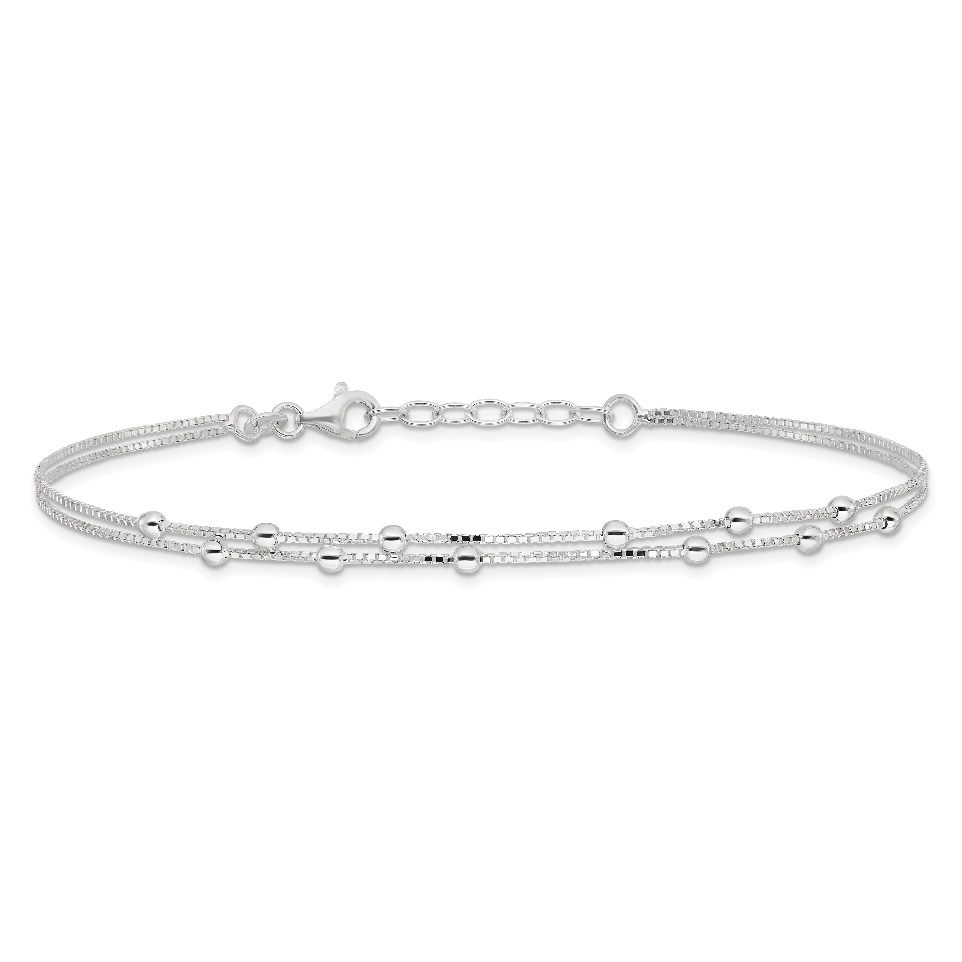Sterling Silver Beaded 2-strand 10 inch Plus 1 inch Extender - Total 11 inch Anklet