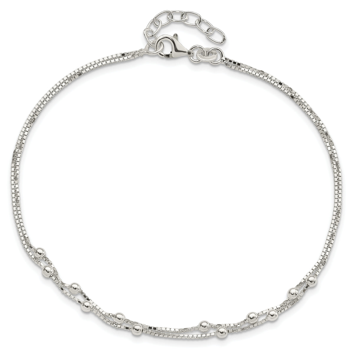 Sterling Silver Beaded 2-strand 9 inch Plus 1 inch Extender - Total 10 inch Anklet