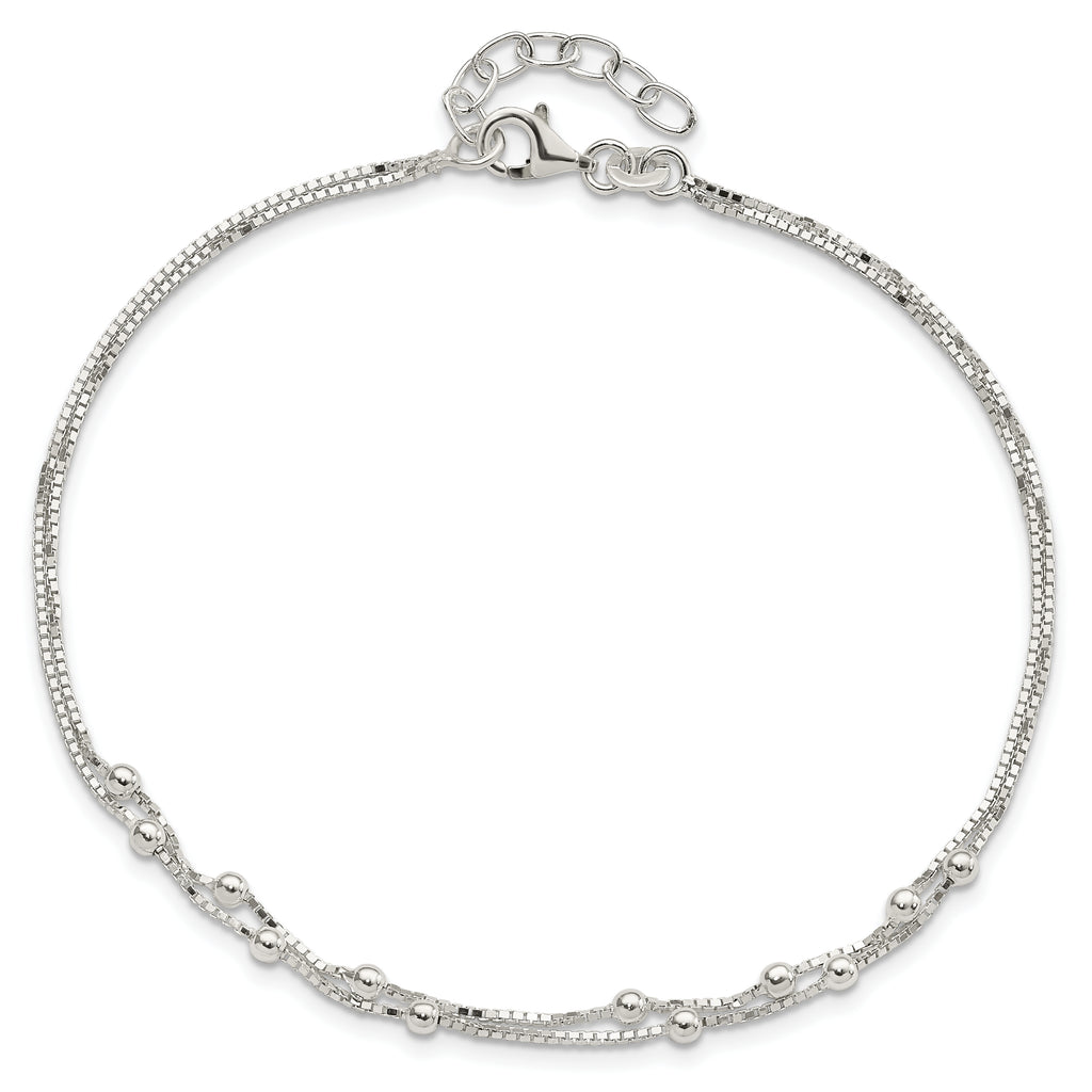 Sterling Silver Beaded 2-strand 9 inch Plus 1 inch Extender - Total 10 inch Anklet