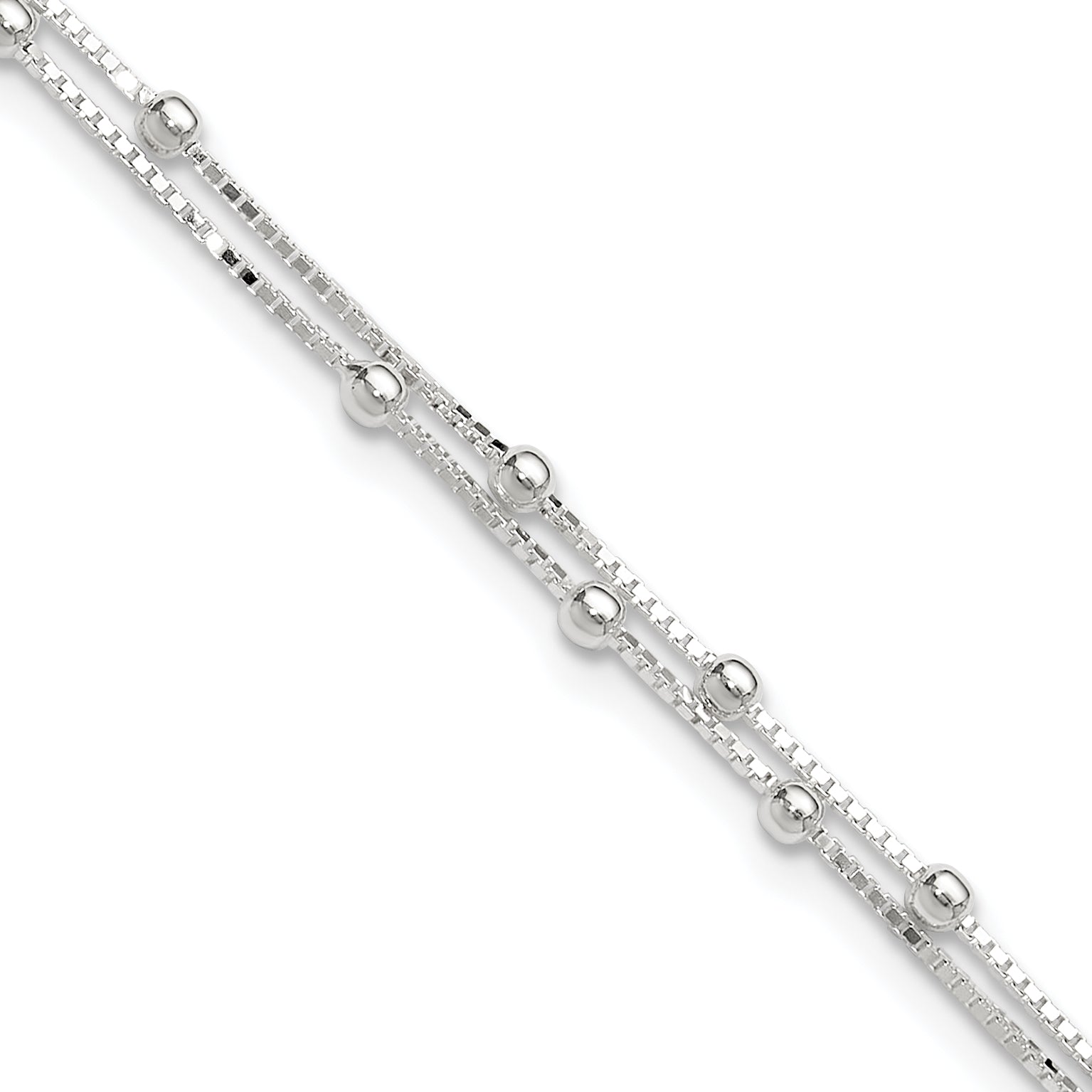Sterling Silver Beaded 2-strand 10 inch Plus 1 inch Extender - Total 11 inch Anklet