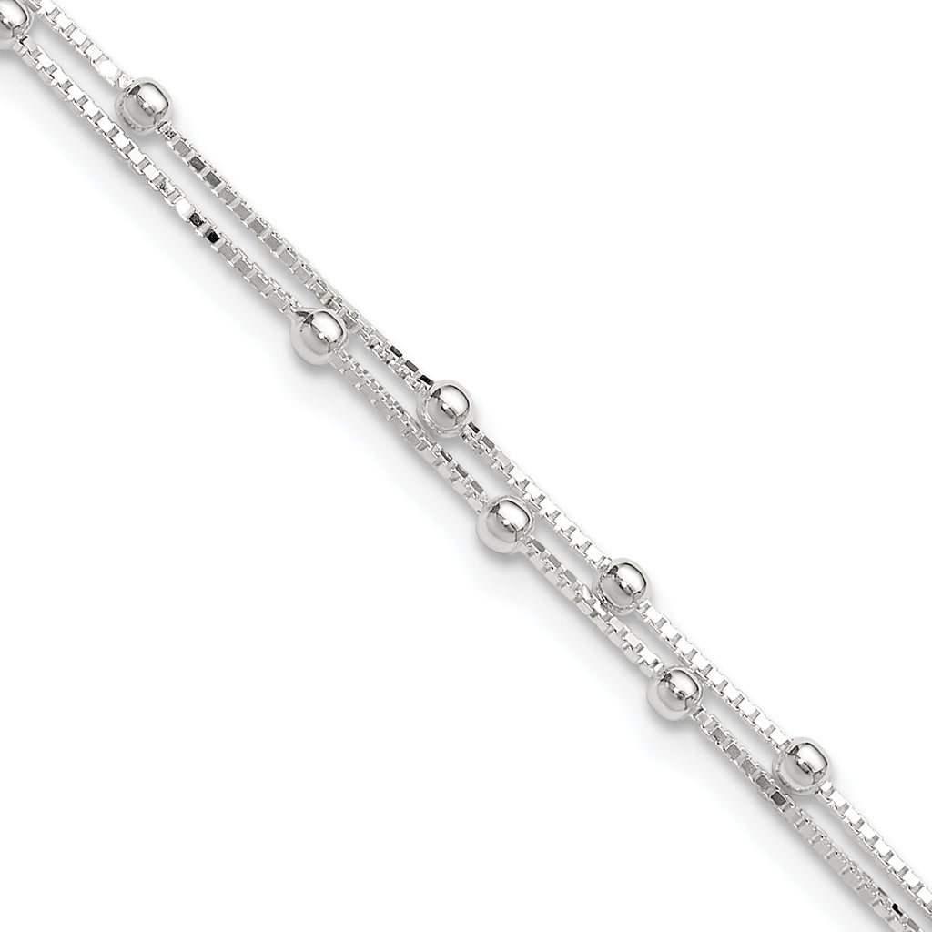 Sterling Silver Beaded 2-strand 10 inch Plus 1 inch Extender - Total 11 inch Anklet