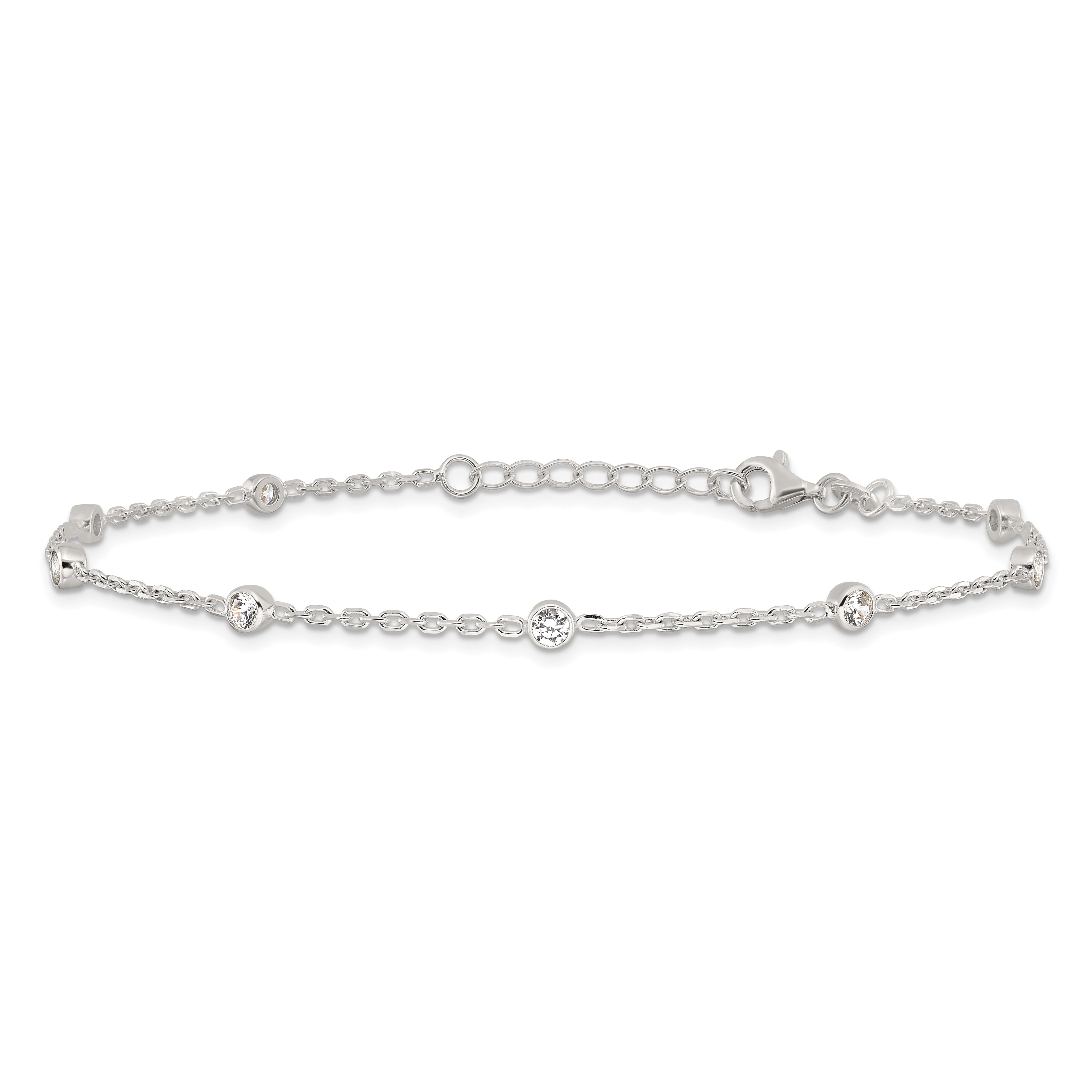 Sterling Silver Rhodium-plated Bezel CZ 8-Station 10 inch Plus 1 inch extender - Total 11 inch Anklet