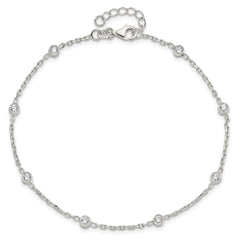 Sterling Silver Rhodium-plated Bezel CZ 8-Station 10 inch Plus 1 inch extender - Total 11 inch Anklet