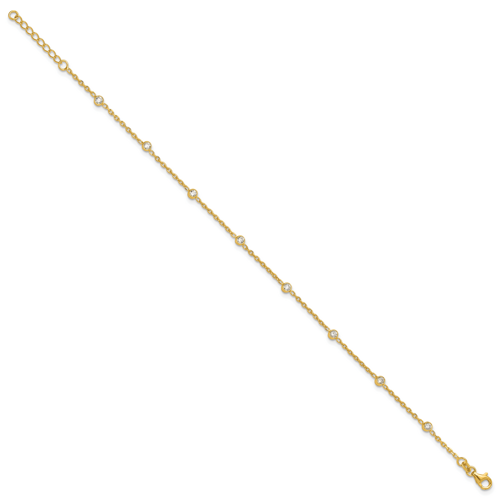 Sterling Silver Gold-tone Bezel CZ 8-Station 10 inch Plus 1 inch Extender - Total 11 inch Anklet