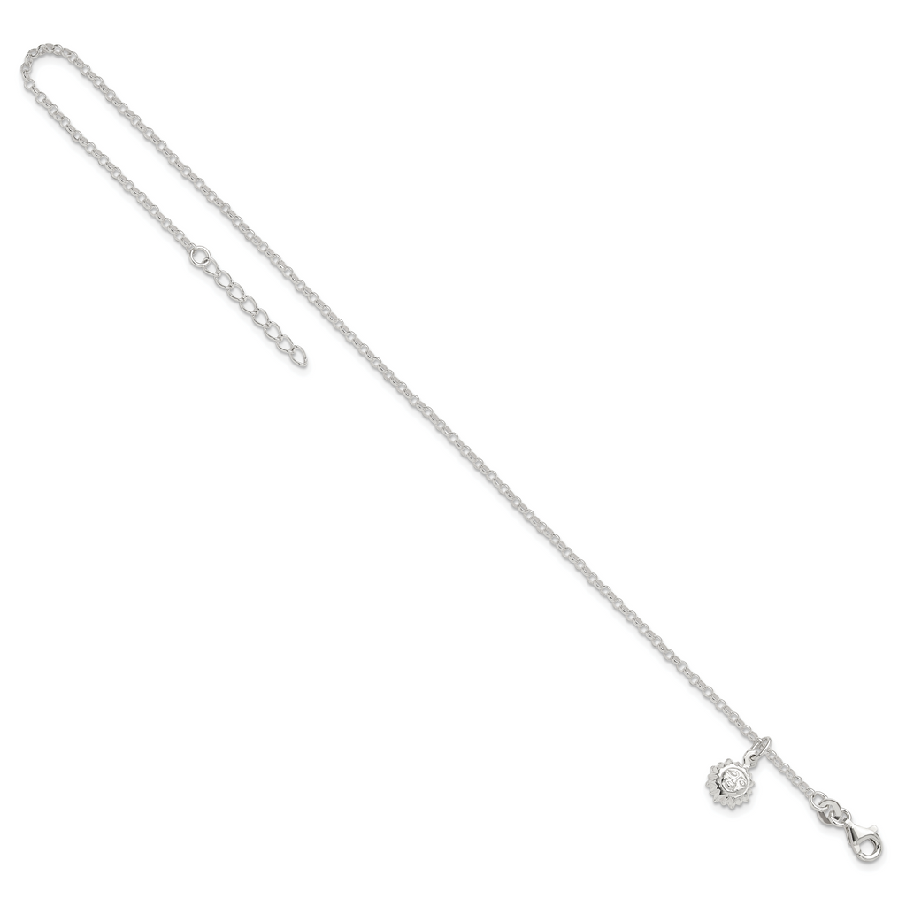 Sterling Silver Sun Charm 10 inch Plus 1 inch Extender - Total 11 inch Anklet