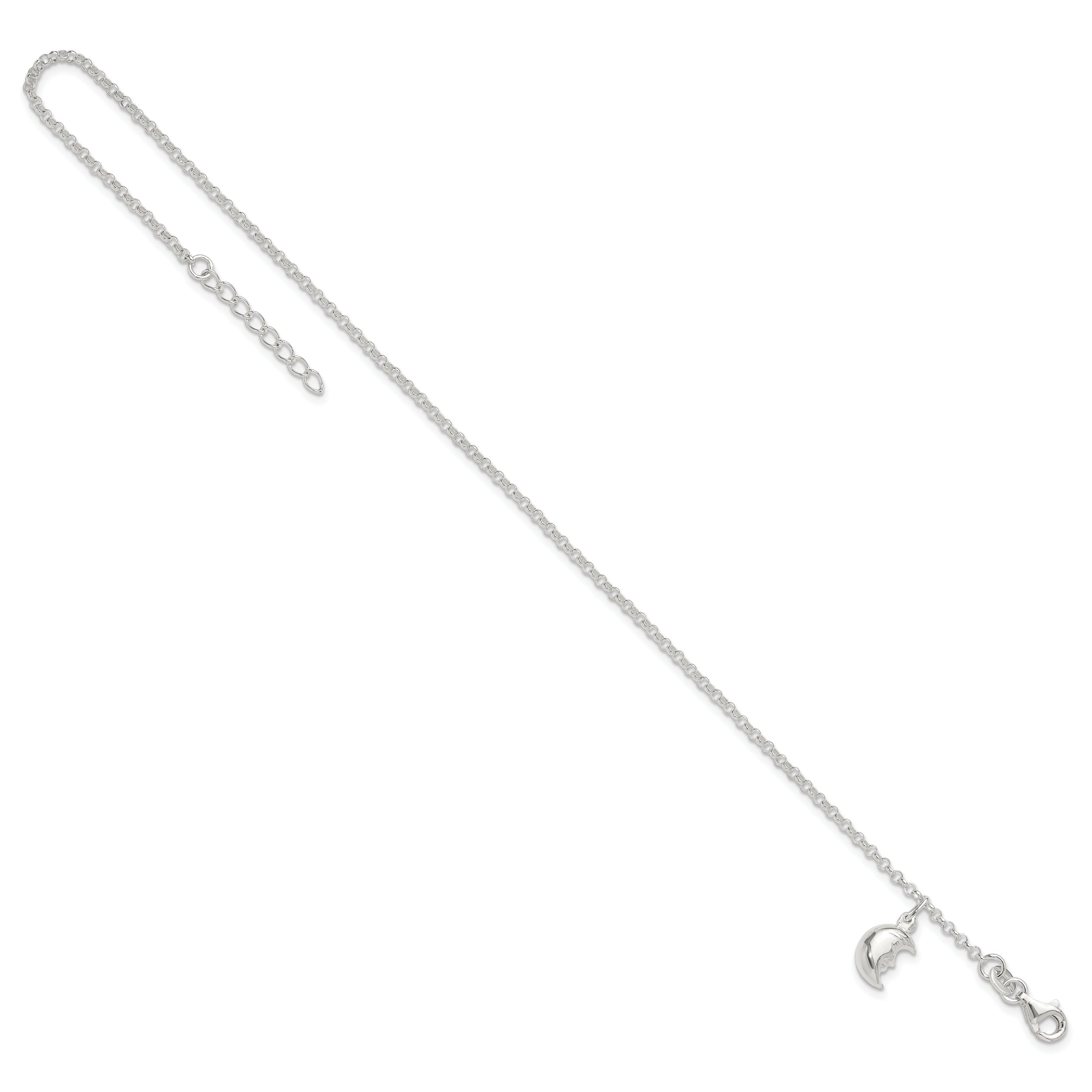 Sterling Silver Moon Charm 10 inch Plus 1 inch Extender - Total 11 inch Anklet