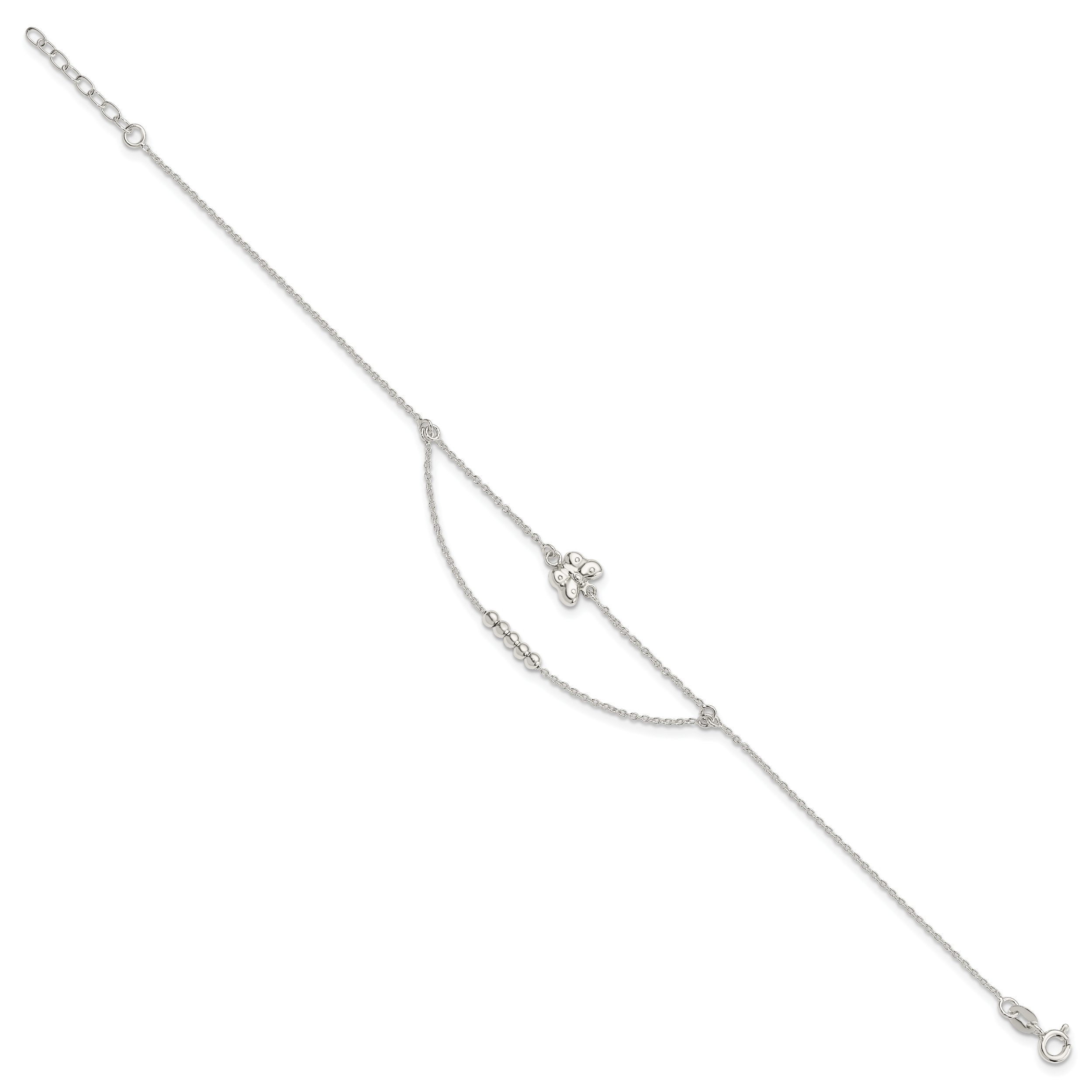 Sterling Silver Butterfly and Beads 2-Strand 9 inch Plus 1 inch Extender - Total 10 inch Anklet Secondary image