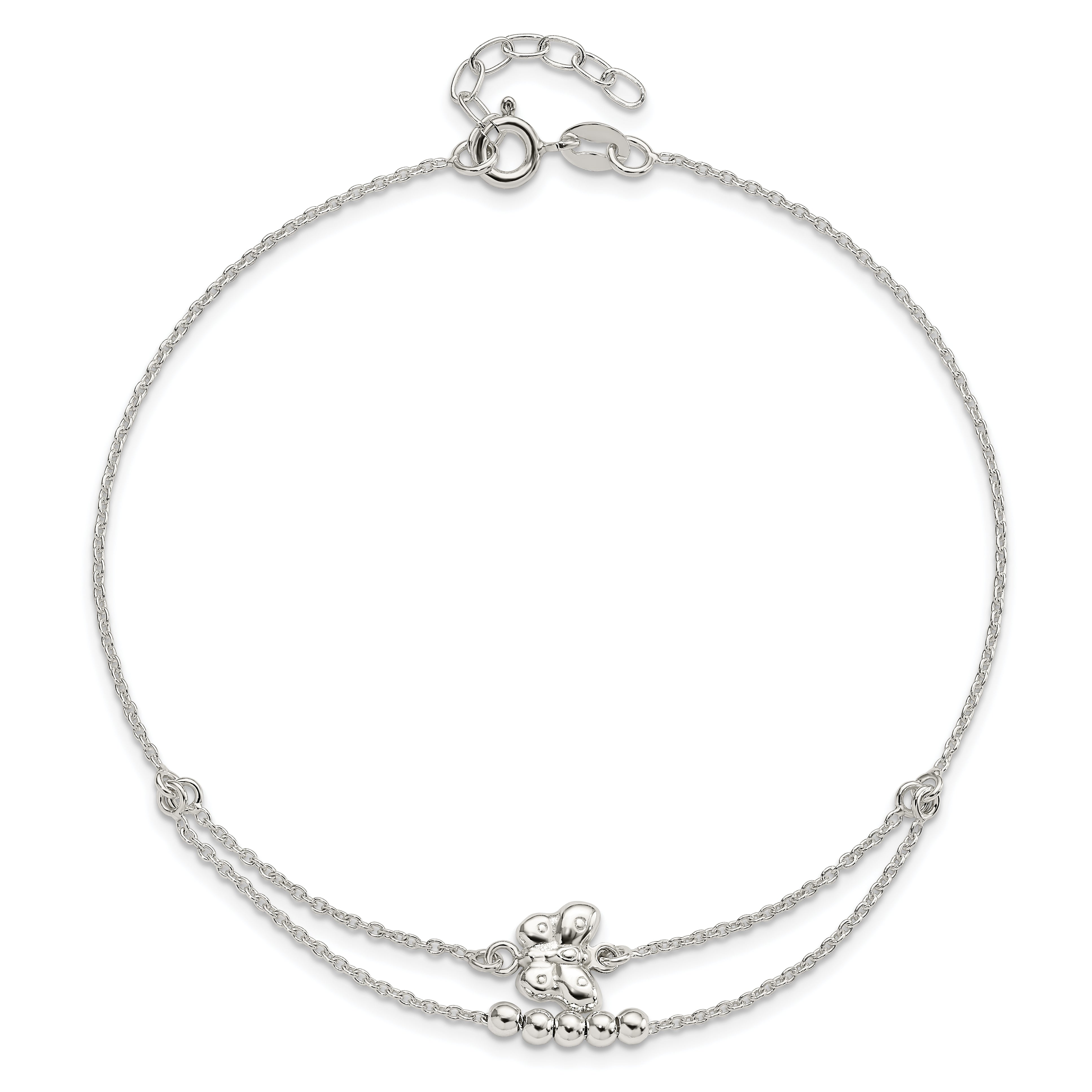 Sterling Silver Butterfly and Beads 2-Strand 9 inch Plus 1 inch Extender - Total 10 inch Anklet