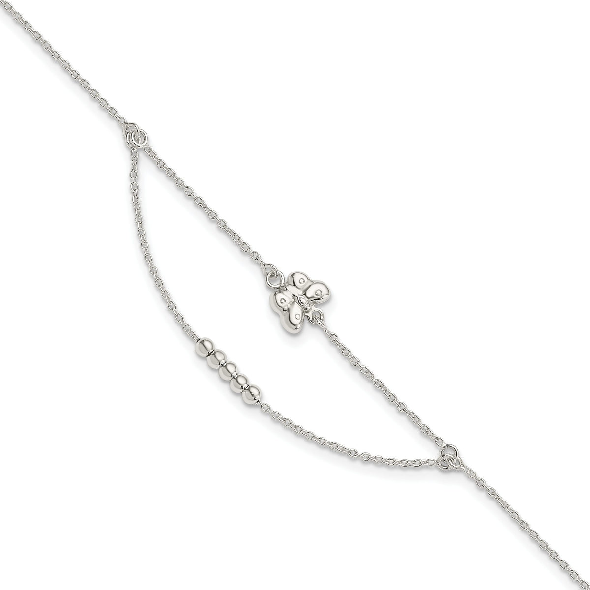 Butterfly and Beads Two-Strand Anklet in Sterling Silver, 9 Inch - Sophia Jewelers Main image