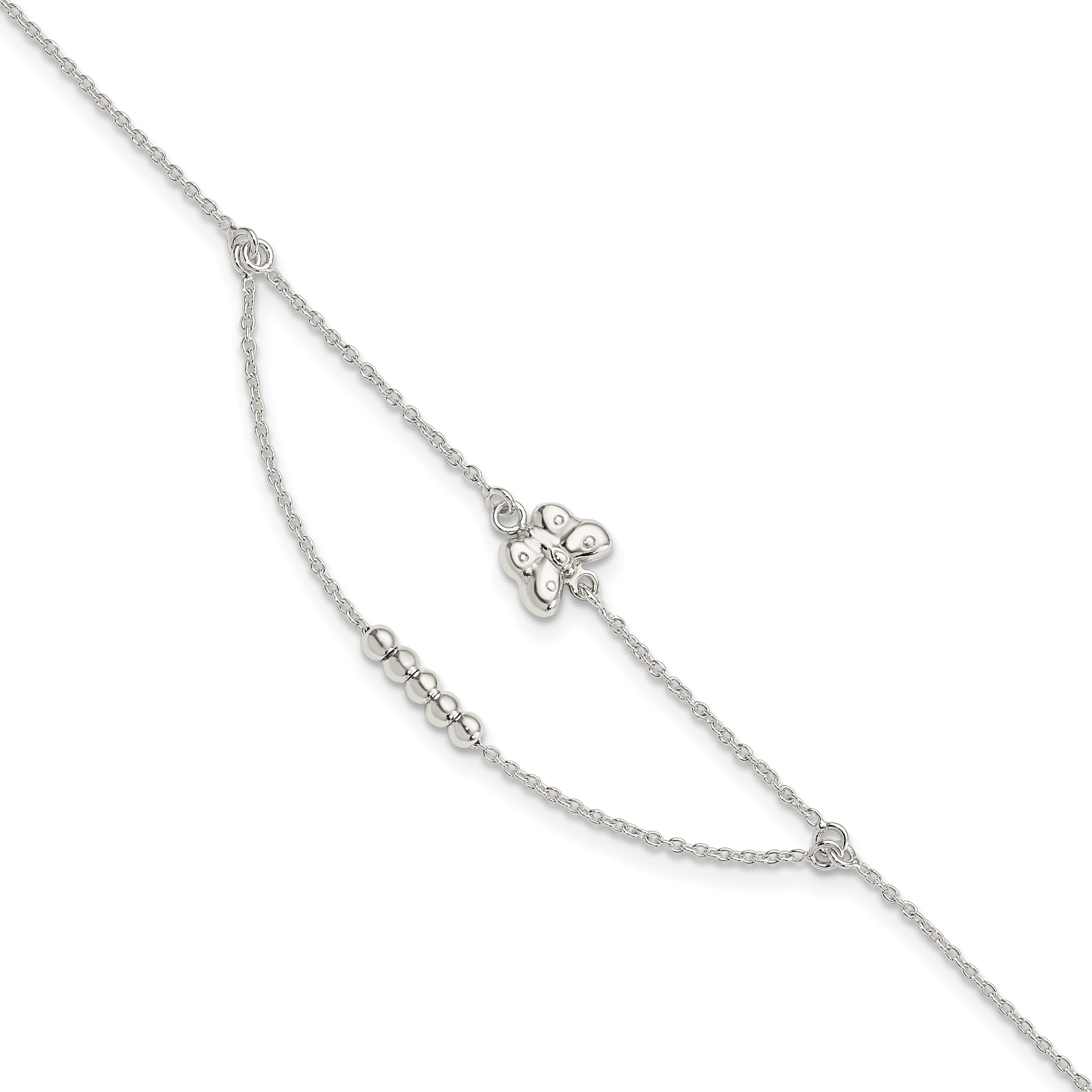Sterling Silver Butterfly and Beads 2-Strand 9 inch Plus 1 inch Extender - Total 10 inch Anklet Main image