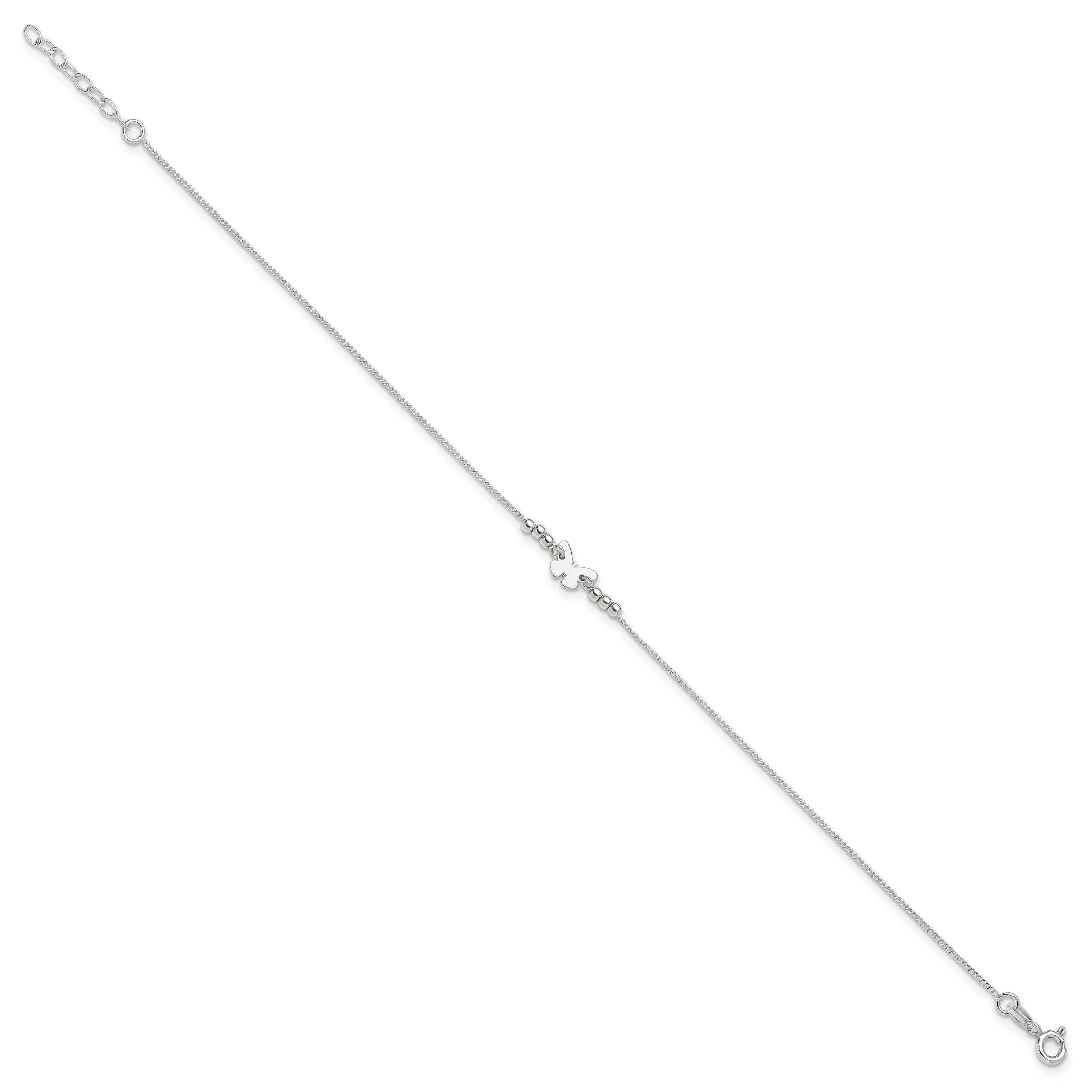 Sterling Silver Butterfly 9 inch Plus 1 inch Extender - Total 10 inch Anklet