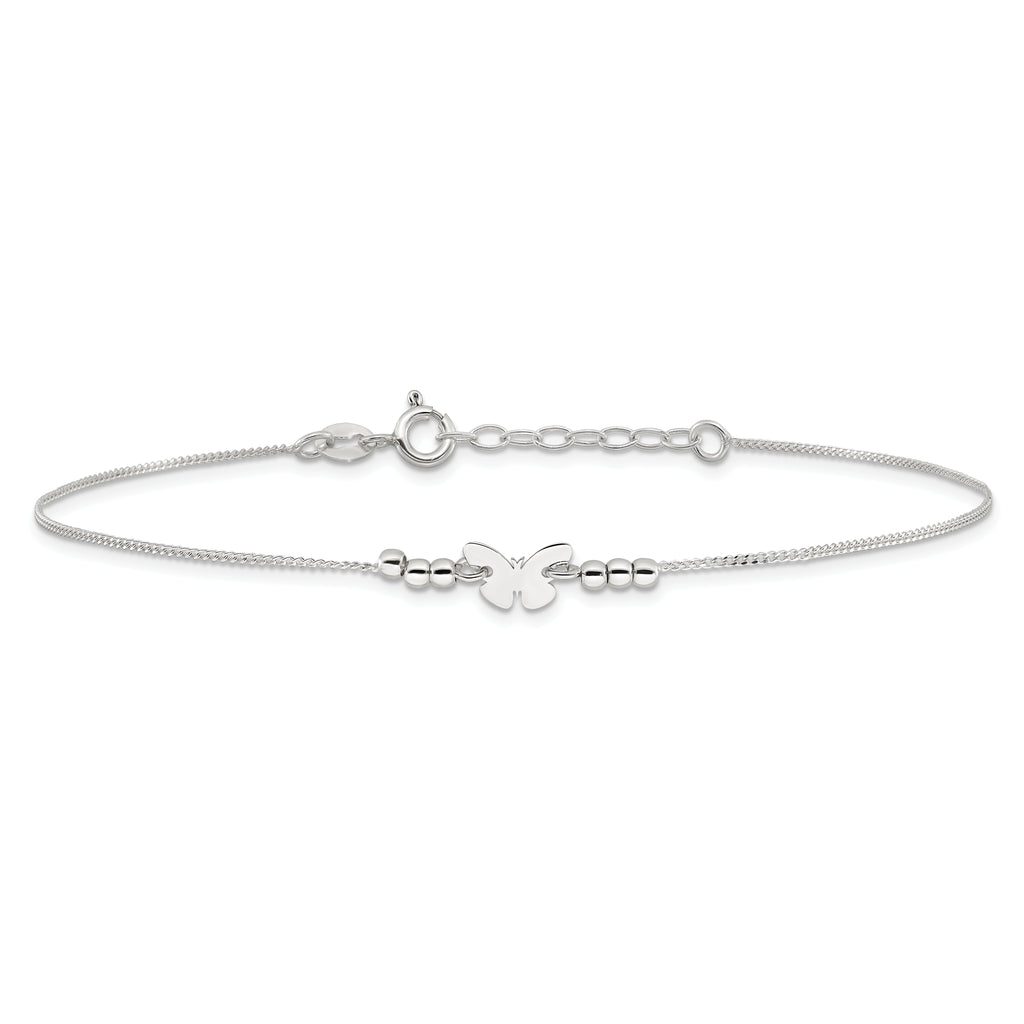 Sterling Silver Butterfly 9 inch Plus 1 inch Extender - Total 10 inch Anklet