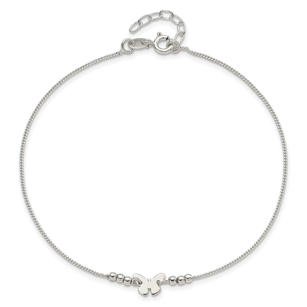 Sterling Silver Butterfly 9 inch Plus 1 inch Extender - Total 10 inch Anklet