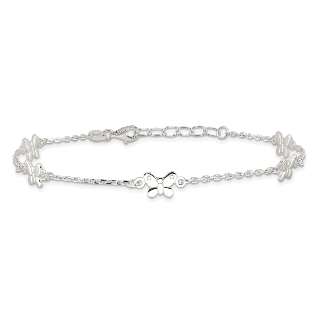 Sterling Silver Butterflies 9 inch Plus 1 inch Extender - Total 10 inch Anklet