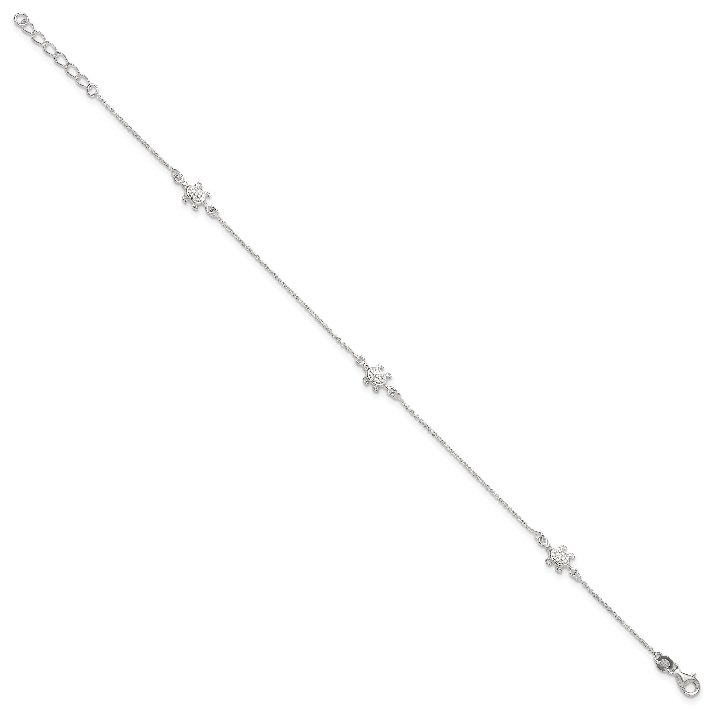 Sterling Silver Turtle 3-Station 9 inch Plus 1 inch Extender - Total 10 inch Anklet