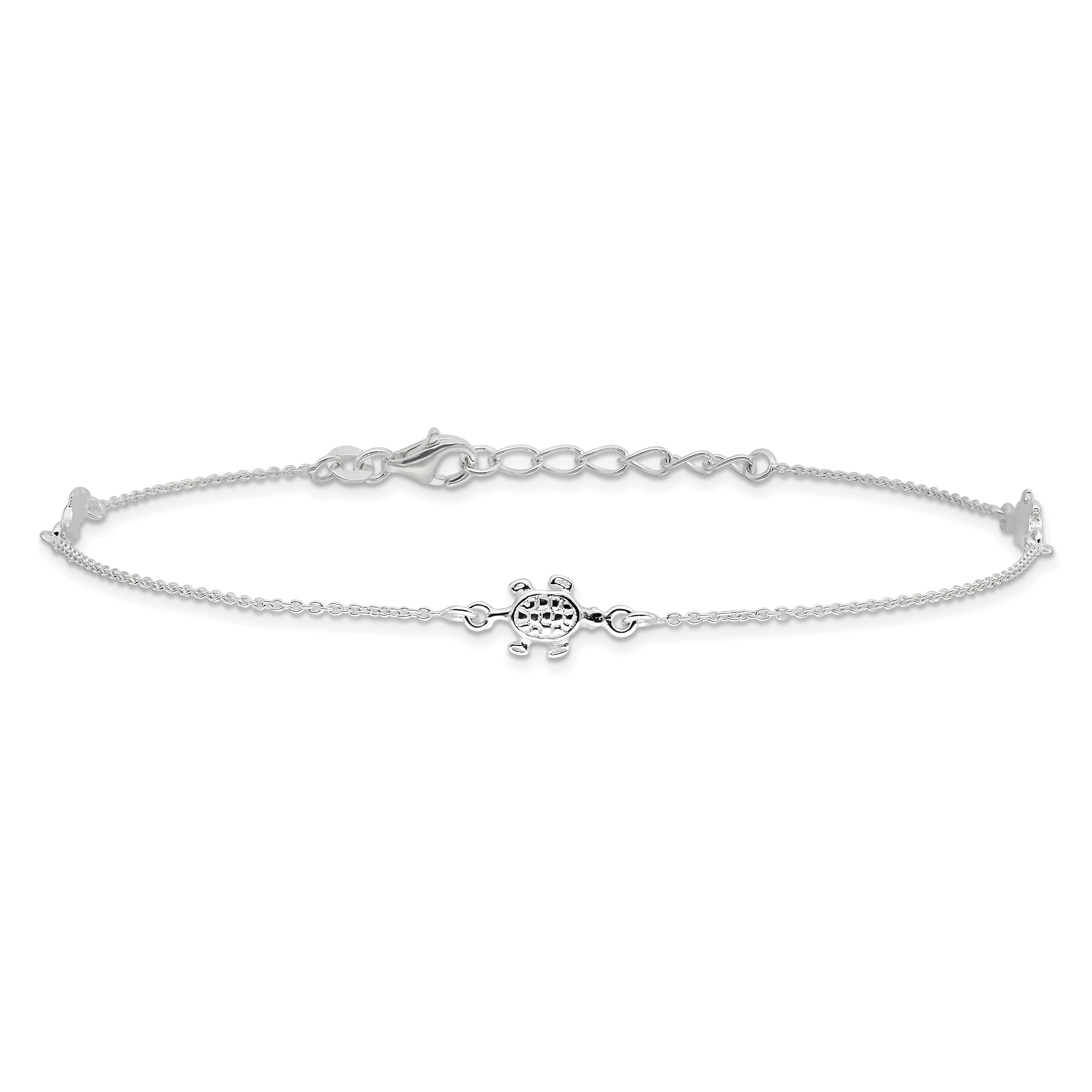 Sterling Silver Turtle 3-Station 9 inch Plus 1 inch Extender - Total 10 inch Anklet