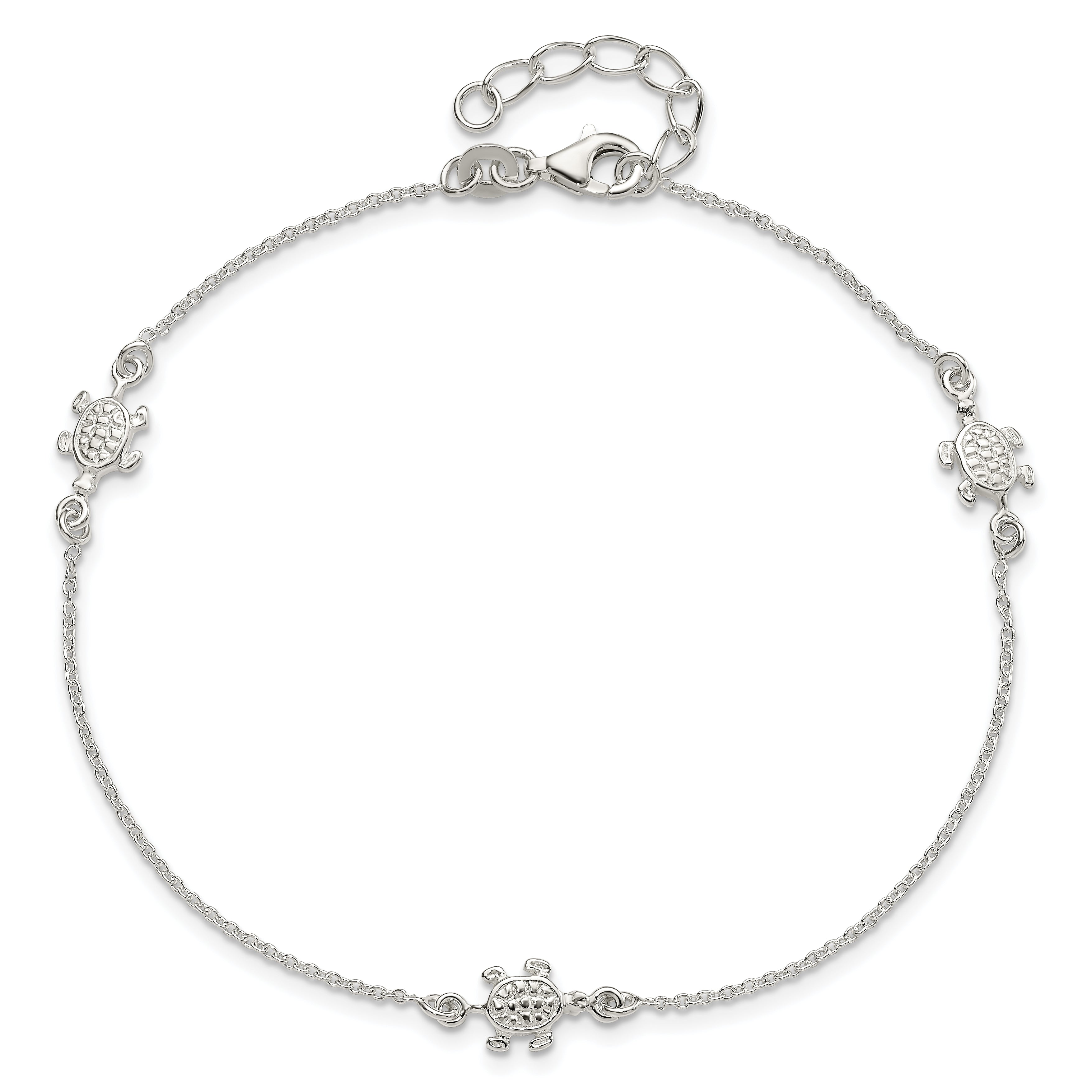 Sterling Silver Turtle 3-Station 9 inch Plus 1 inch Extender - Total 10 inch Anklet