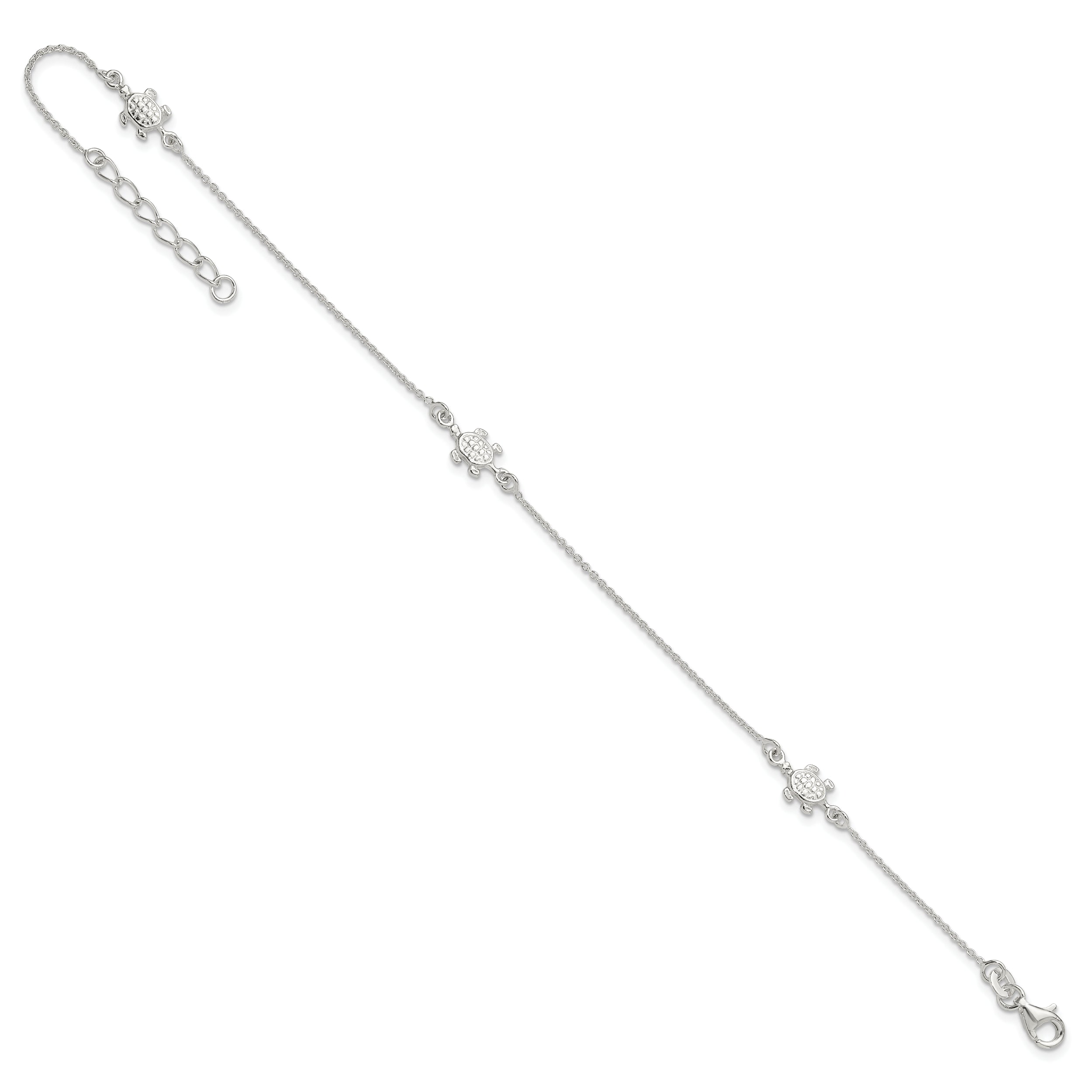 Sterling Silver Turtle 3-Station 9 inch Plus 1 inch Extender - Total 10 inch Anklet