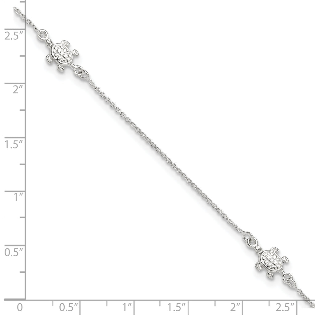 Sterling Silver Turtle 3-Station 9 inch Plus 1 inch Extender - Total 10 inch Anklet