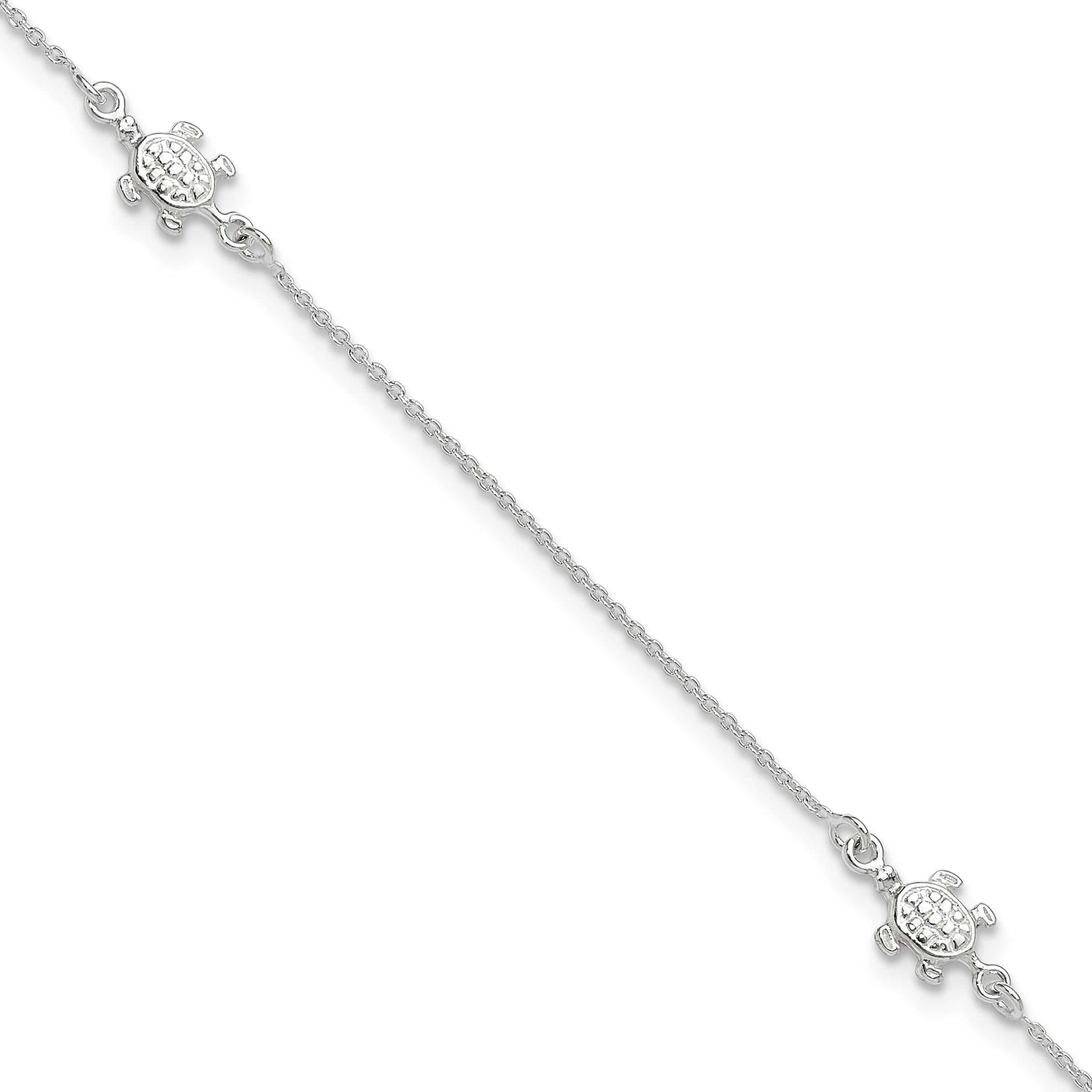 Sterling Silver Turtle 3-Station 9 inch Plus 1 inch Extender - Total 10 inch Anklet