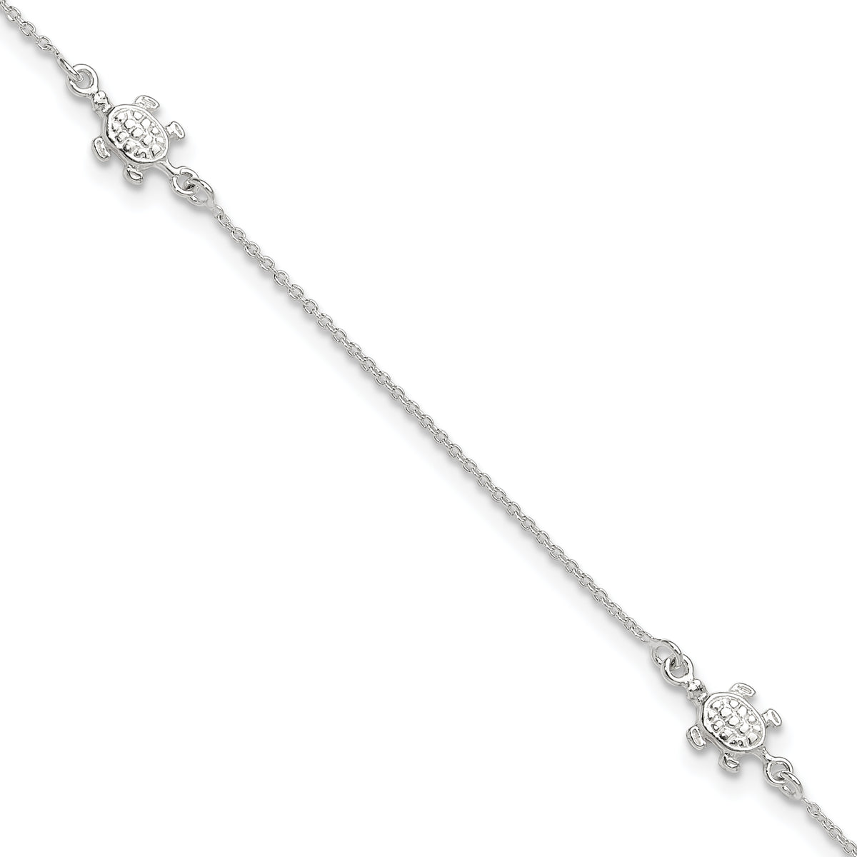 Sterling Silver Turtle 3-Station 9 inch Plus 1 inch Extender - Total 10 inch Anklet