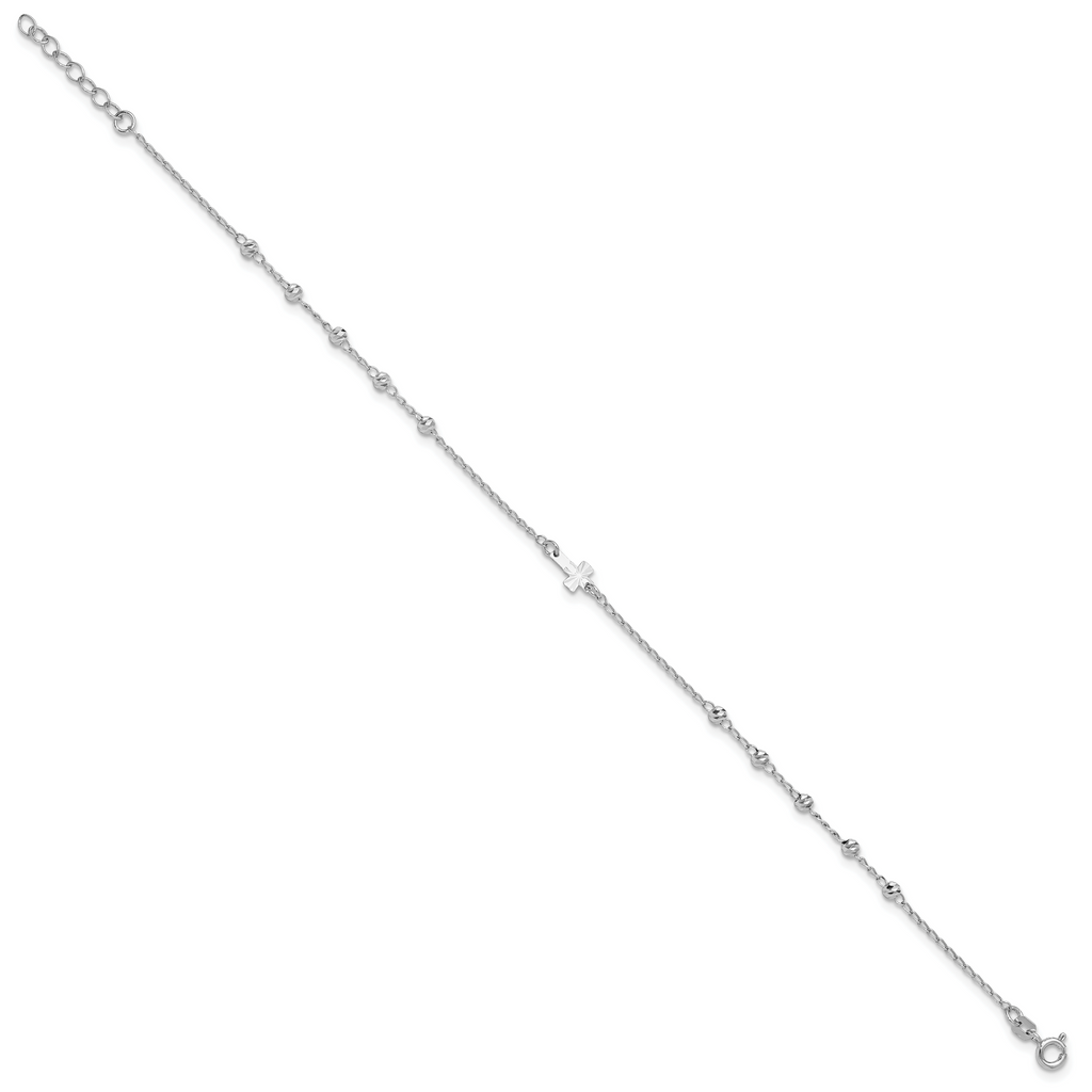 Sterling Silver Rhodium-plated Beads and Cross 9 inch Plus 1 inch Extender - Total 10 inch Anklet