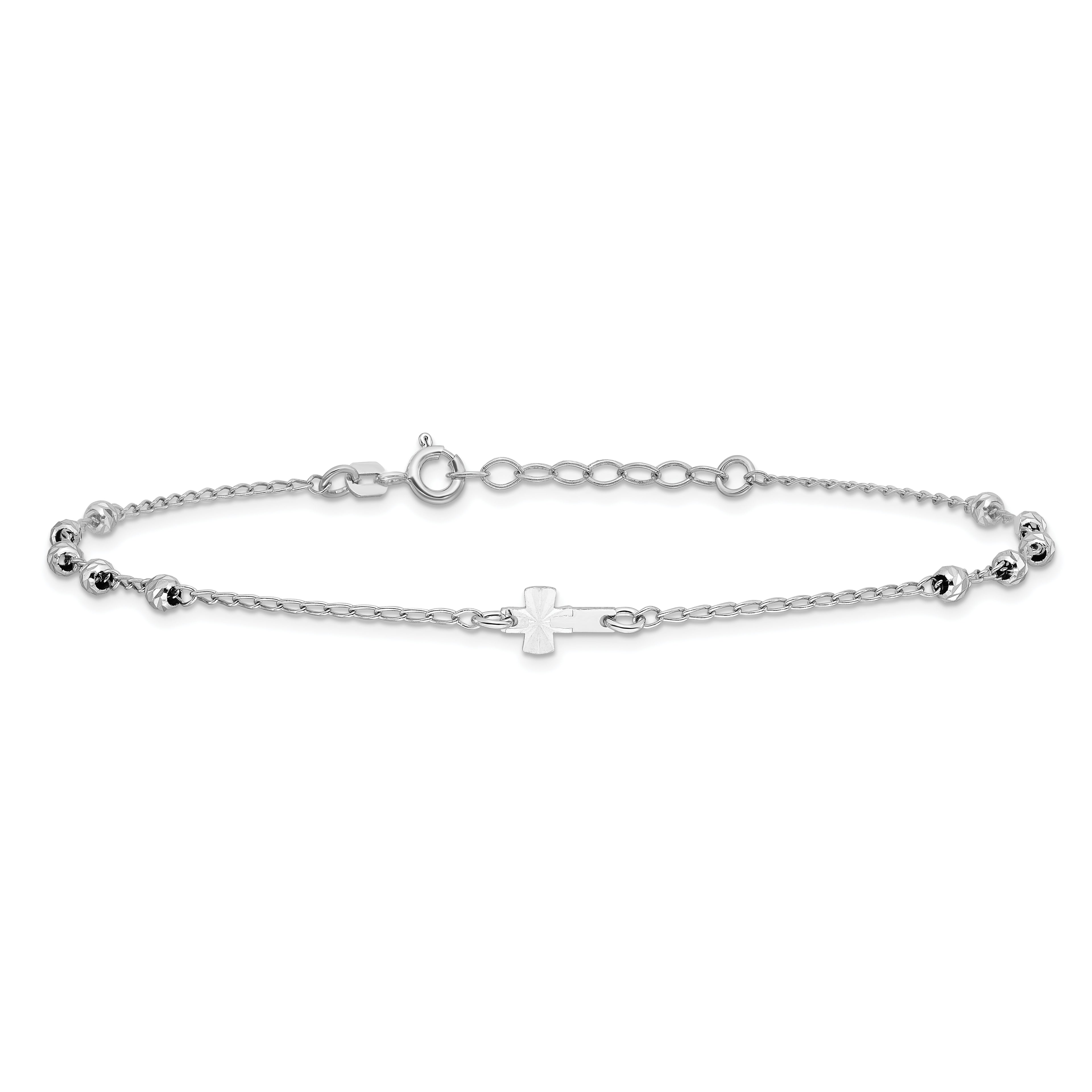 Sterling Silver Rhodium-plated Beads and Cross 9 inch Plus 1 inch Extender - Total 10 inch Anklet