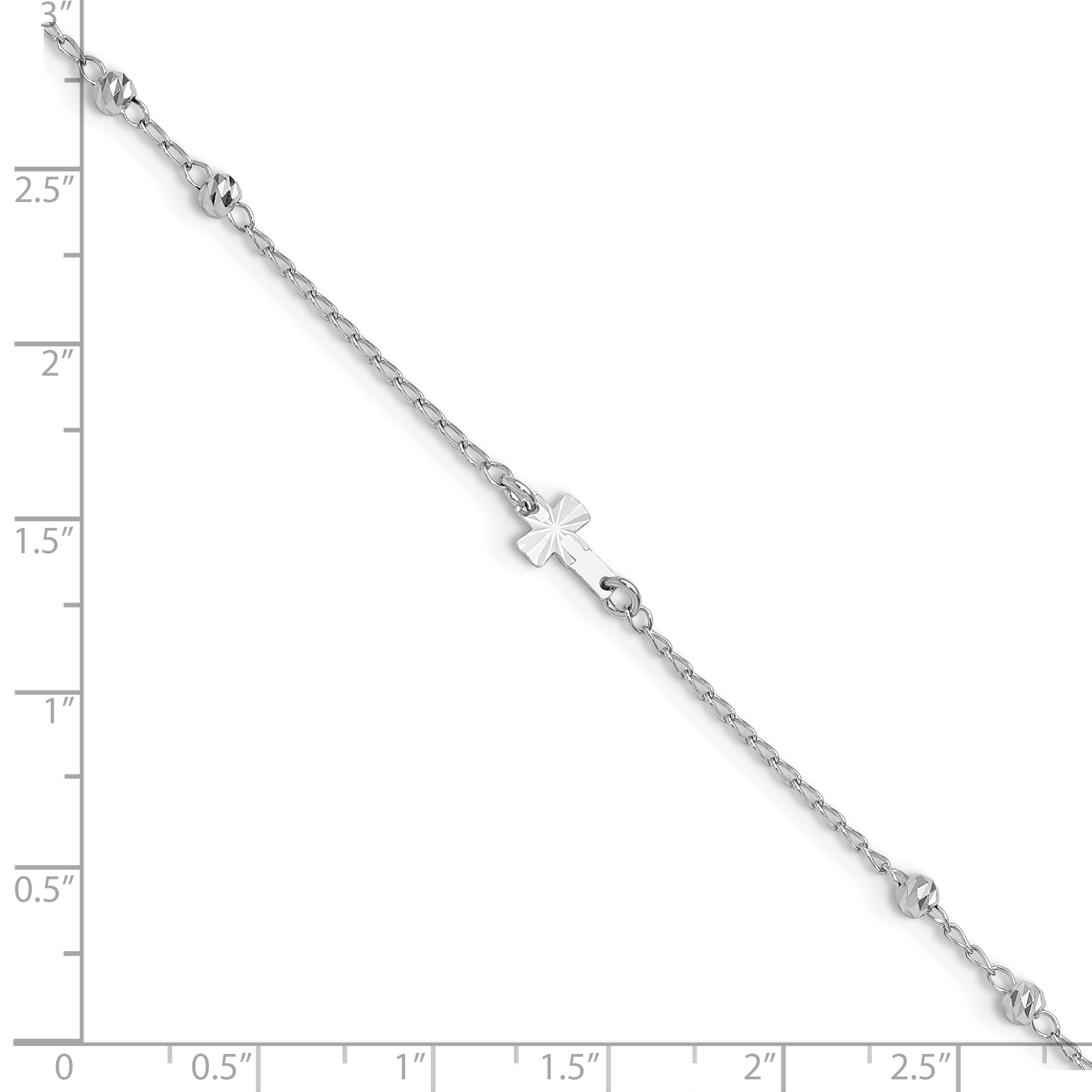 Sterling Silver Rhodium-plated Beads and Cross 9 inch Plus 1 inch Extender - Total 10 inch Anklet