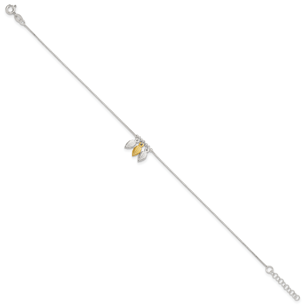 Sterling Silver Gold-tone Feathers 9 inch Plus 1 inch Extender - Total 10 inch Anklet