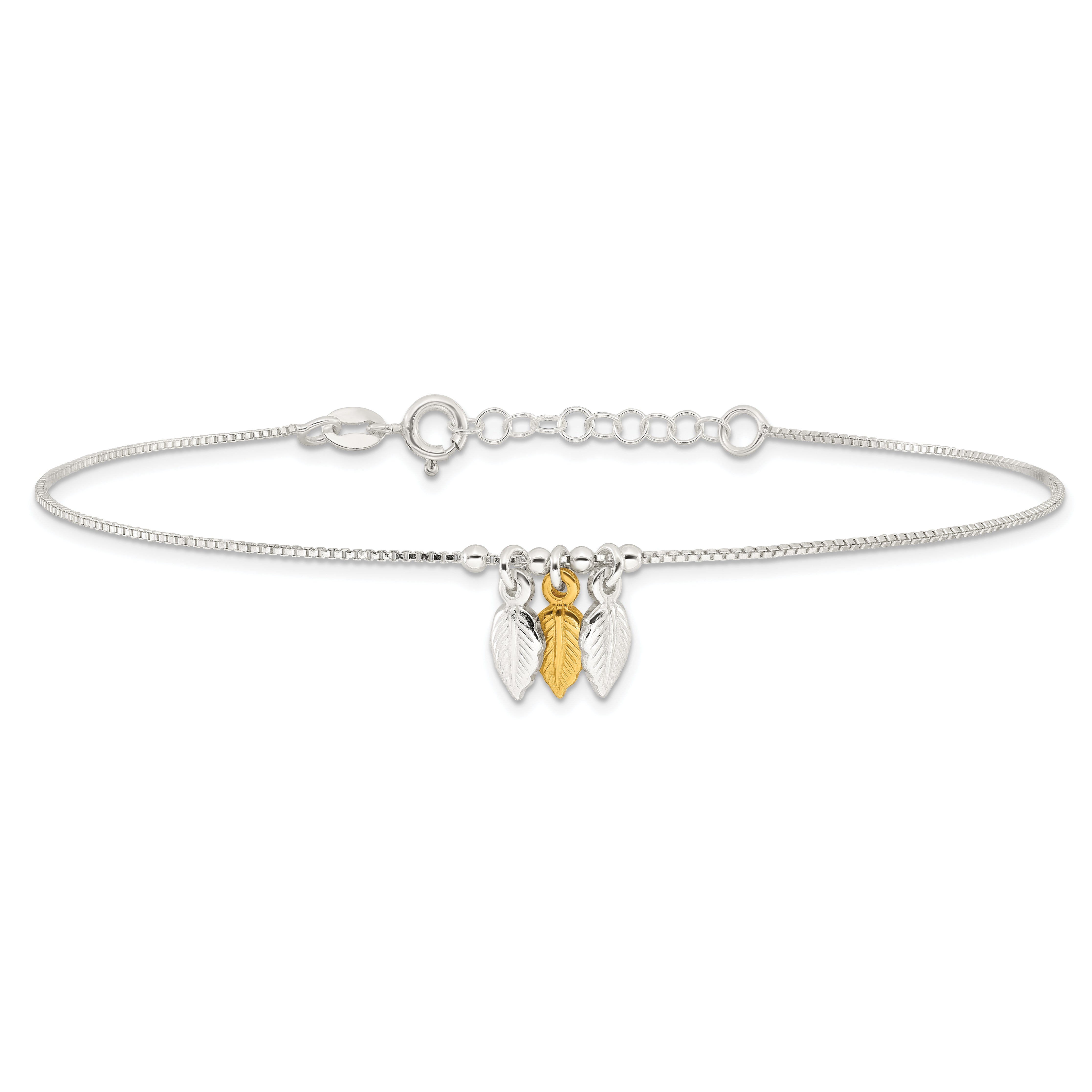 Sterling Silver Gold-tone Feathers 9 inch Plus 1 inch Extender - Total 10 inch Anklet