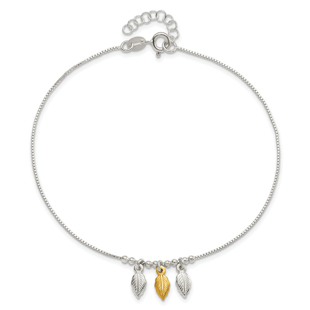 Sterling Silver Gold-tone Feathers 9 inch Plus 1 inch Extender - Total 10 inch Anklet