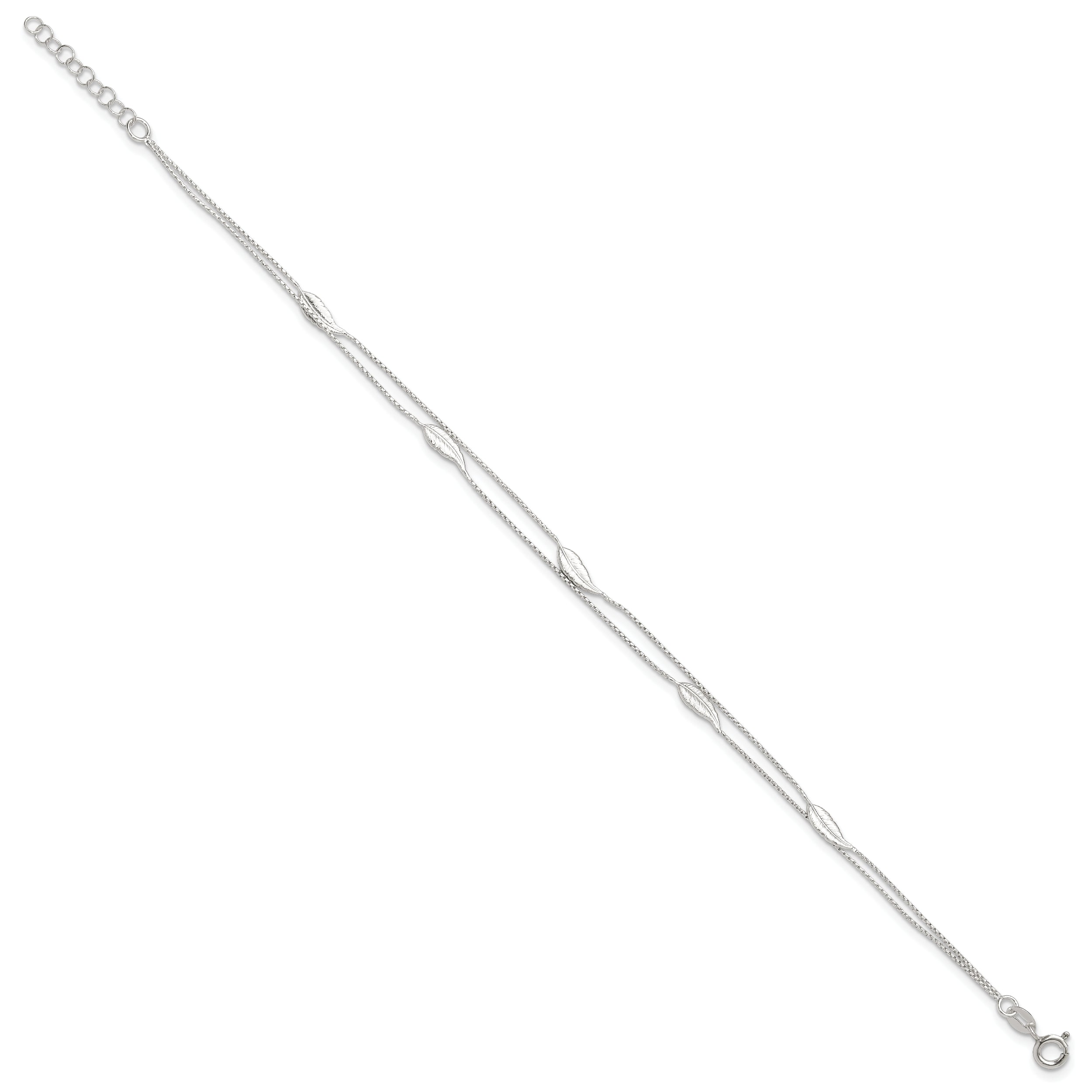Sterling Silver 2-Strand Feathers 10 inch Plus 1 inch Extender - Total 11 inch Anklet