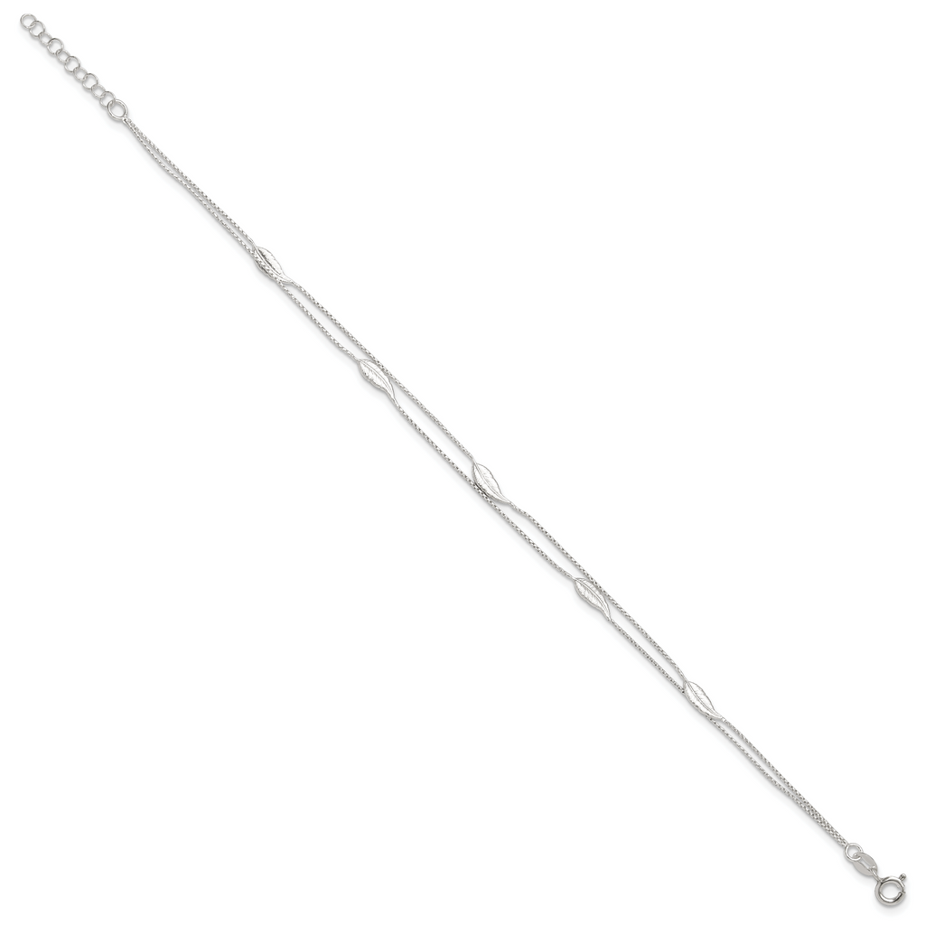 Sterling Silver 2-Strand Feathers 10 inch Plus 1 inch Extender - Total 11 inch Anklet