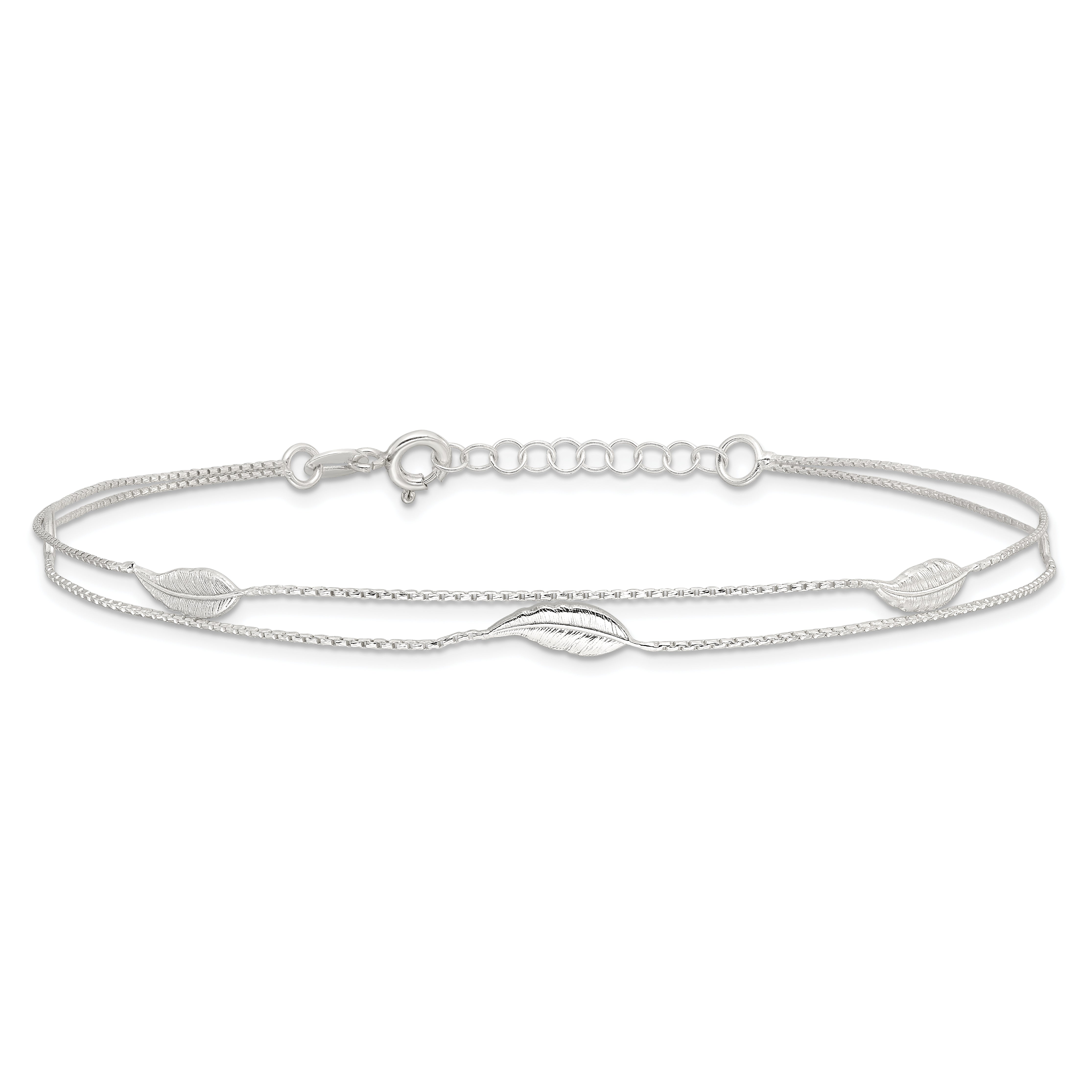 Sterling Silver 2-Strand Feathers 10 inch Plus 1 inch Extender - Total 11 inch Anklet