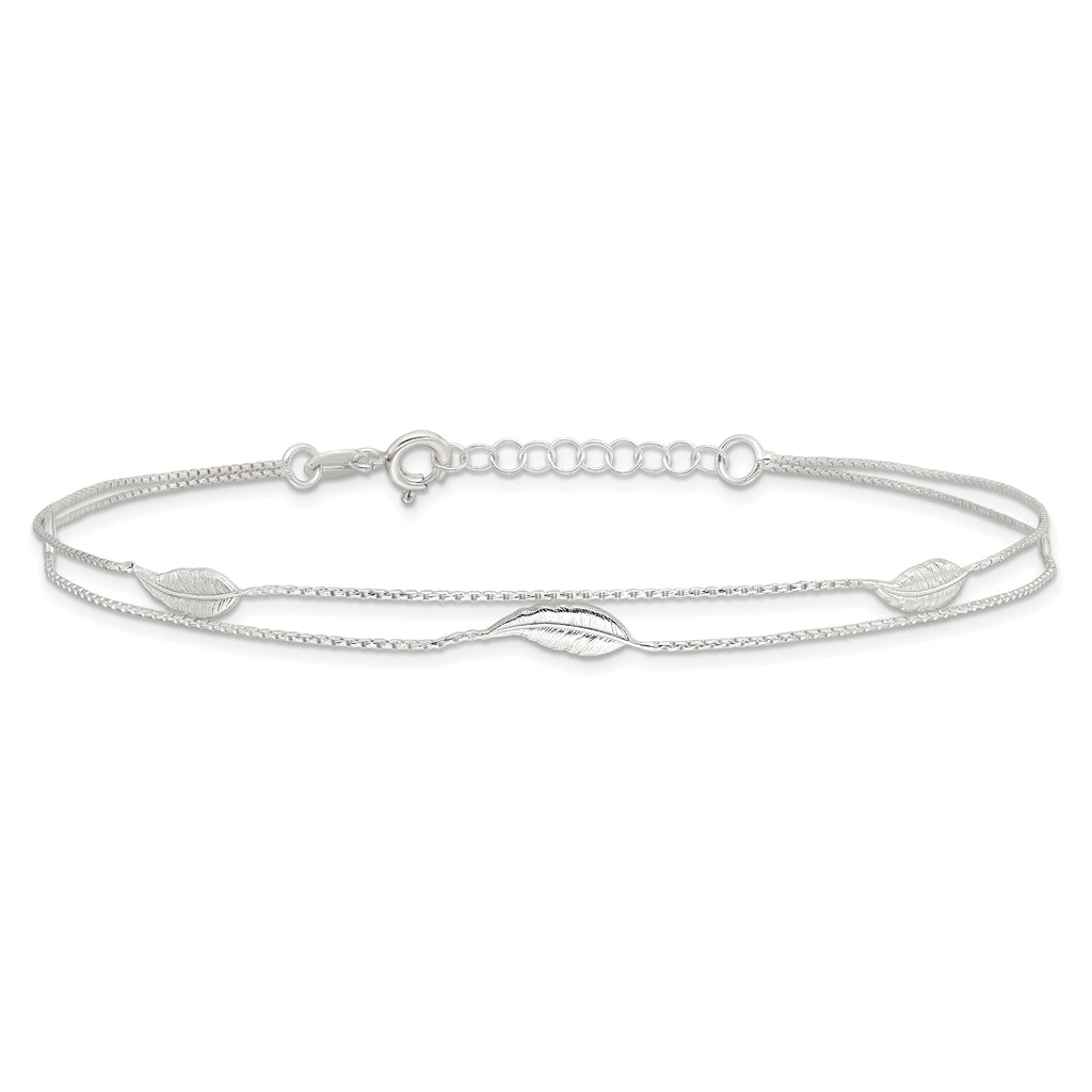Sterling Silver 2-Strand Feathers 10 inch Plus 1 inch Extender - Total 11 inch Anklet